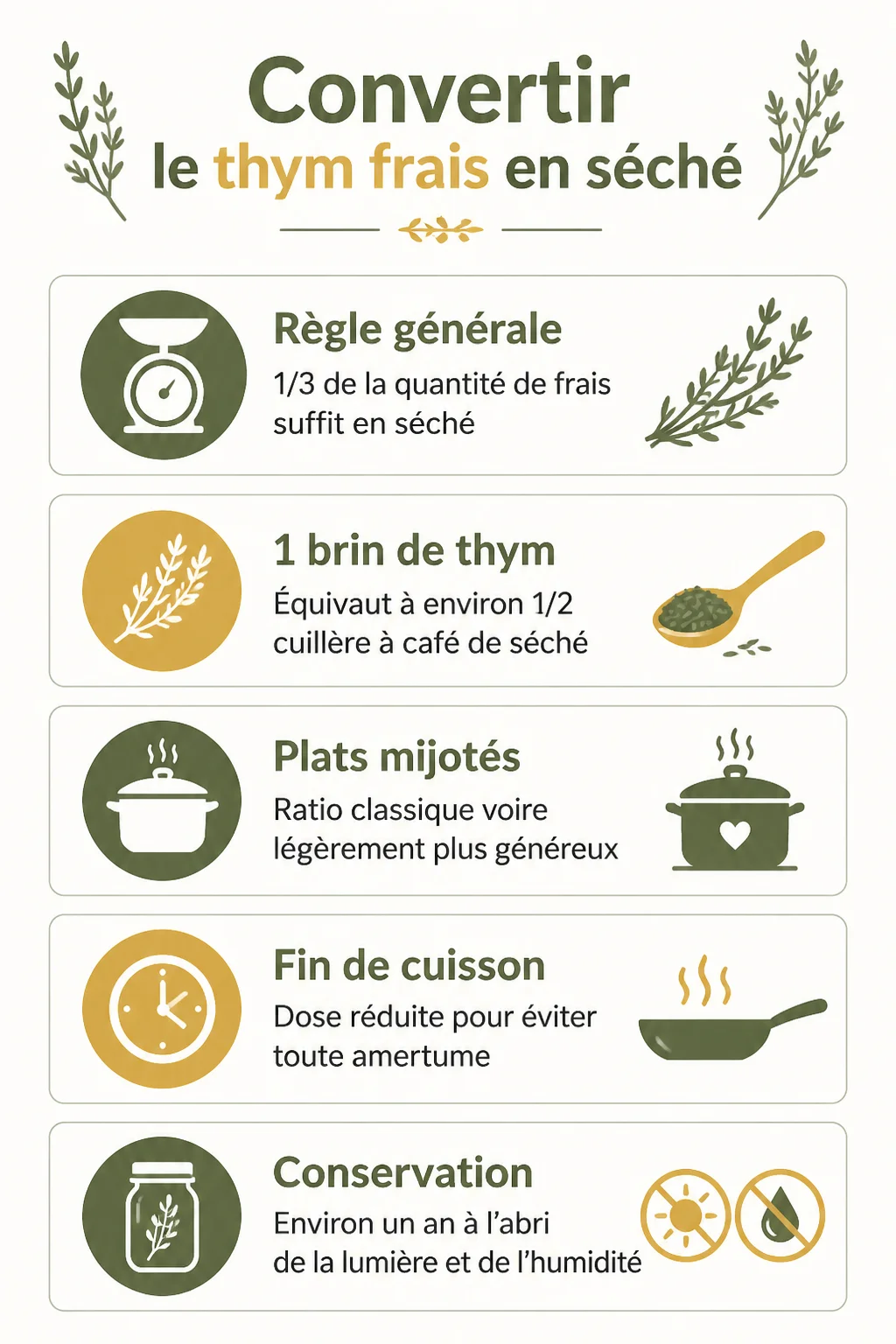 Convertir le thym frais en séché : Règle générale, 1 brin de thym, Plats mijotés, Fin de cuisson, Conservation