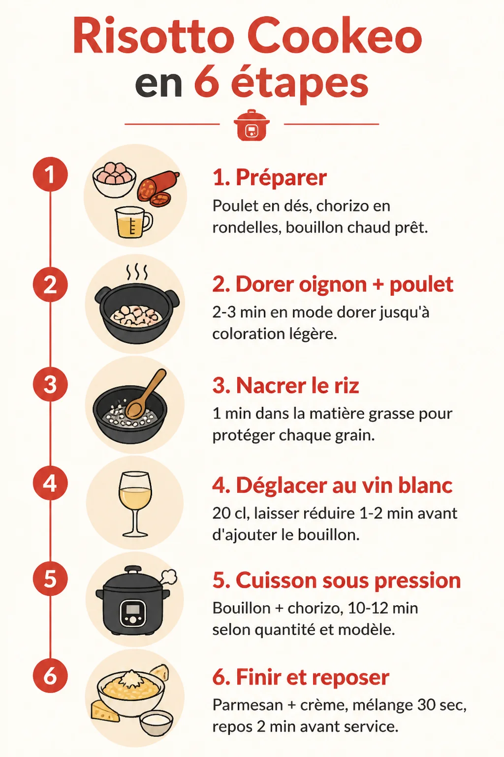 Risotto Cookeo en 6 étapes : 1. Préparer, 2. Dorer oignon + poulet, 3. Nacrer le riz, 4. Déglacer au vin blanc, 5. Cuisson sous pression, 6. Finir et reposer