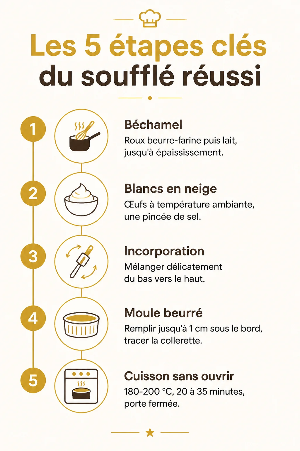 Les 5 étapes clés du soufflé réussi : 1. Béchamel, 2. Blancs en neige, 3. Incorporation, 4. Moule beurré, 5. Cuisson sans ouvrir