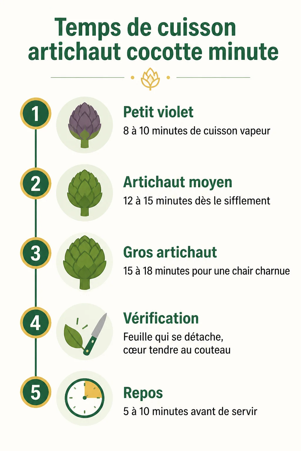 Temps de cuisson artichaut cocotte minute : 1. Petit violet, 2. Artichaut moyen, 3. Gros artichaut, 4. Vérification, 5. Repos