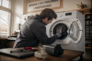 Technicien réparant un lave-linge dans un atelier indépendant, pièces détachées disposées sur l'établi en bois