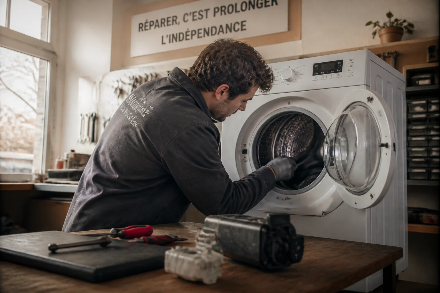 Technicien réparant un lave-linge dans un atelier indépendant, pièces détachées disposées sur l'établi en bois