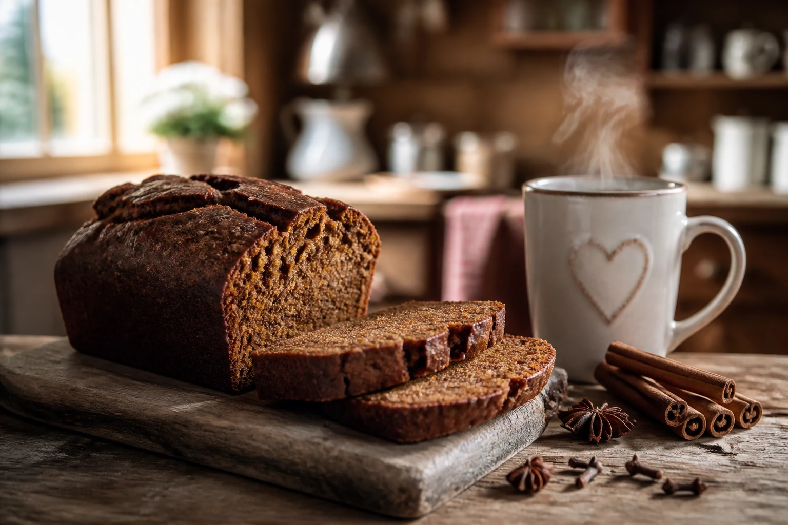 Tranches de pain d'épice de ma grand-mère sur planche en bois avec épices et thé chaud