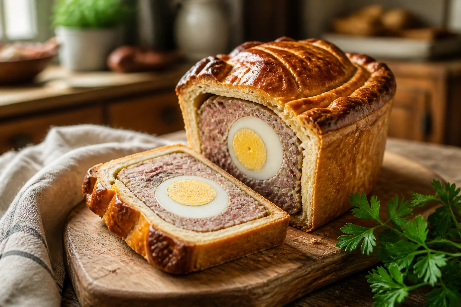 Pâté de Pâques traditionnel tranché montrant les œufs durs au centre de la farce dorée