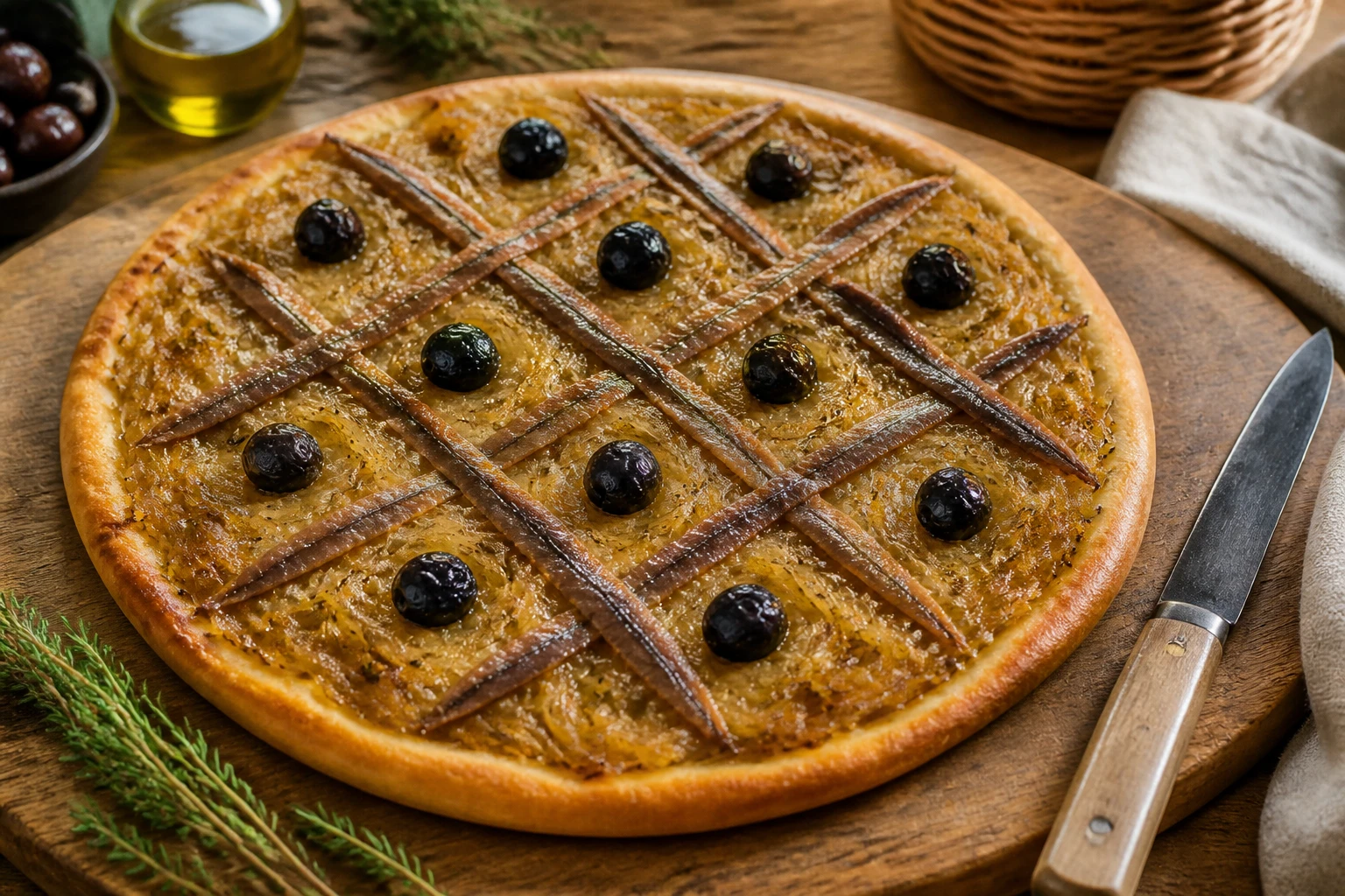 Pissaladière niçoise traditionnelle aux oignons confits, anchois et olives noires, recette de grand-mère