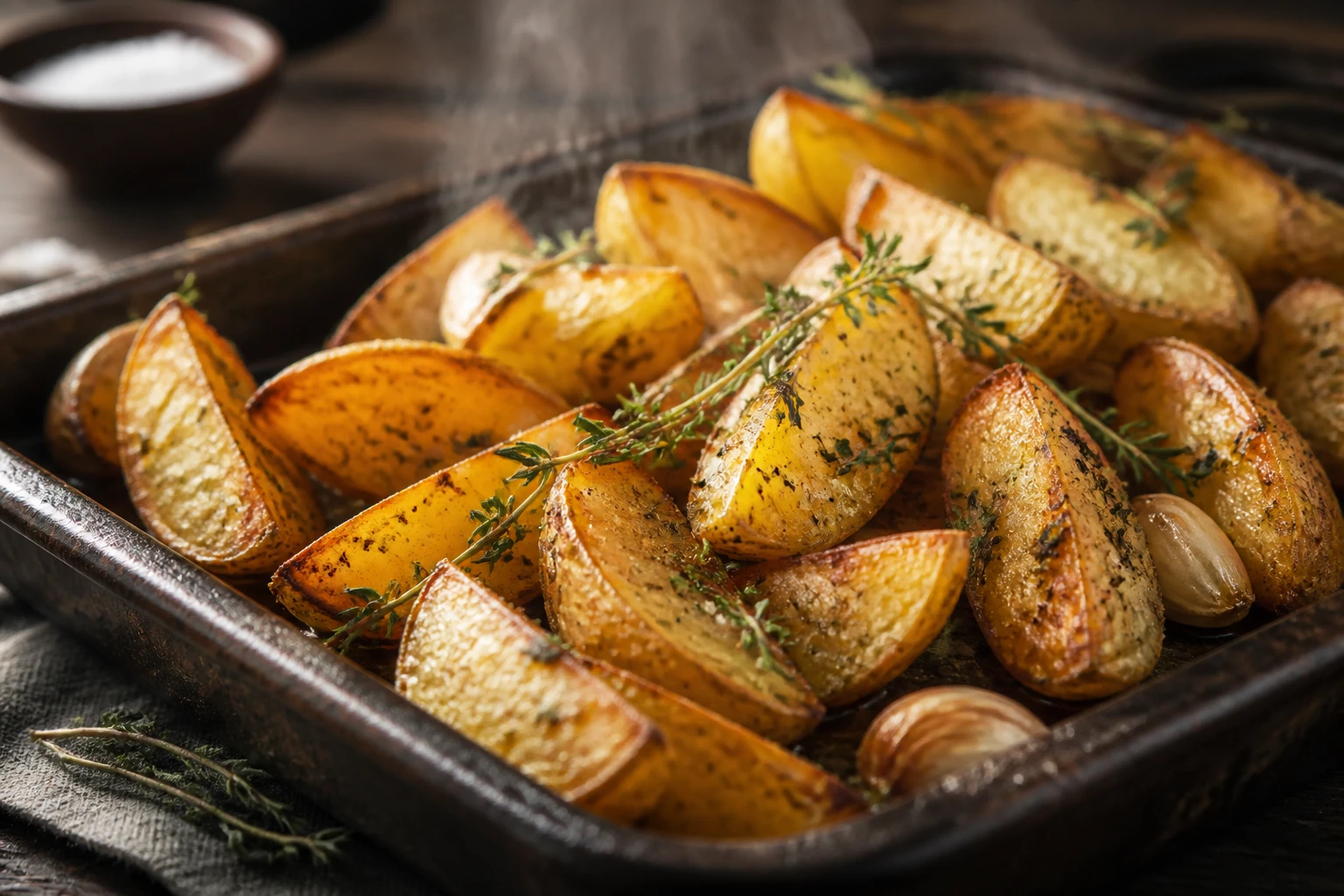 Pommes de terre au four croustillantes façon grand-mère, quartiers dorés sur plaque avec thym et fleur de sel