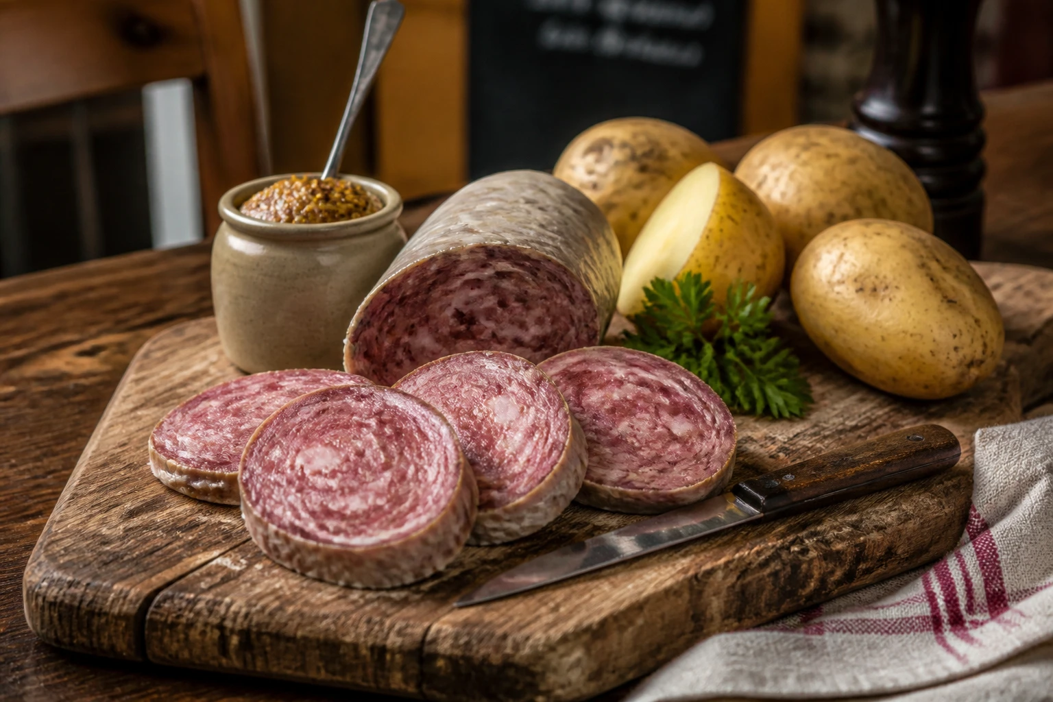 Tranches de saucisson à cuire avec pommes de terre vapeur et moutarde à l'ancienne sur planche en bois