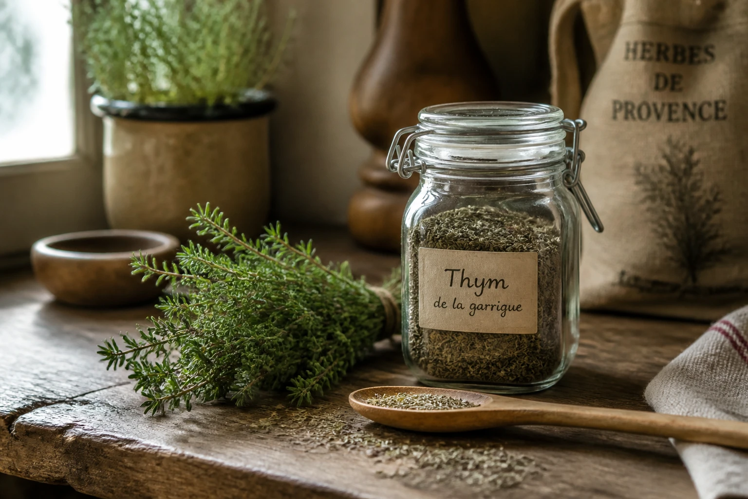Brins de thym frais posés à côté d'un bocal de thym séché sur un plan de travail en bois