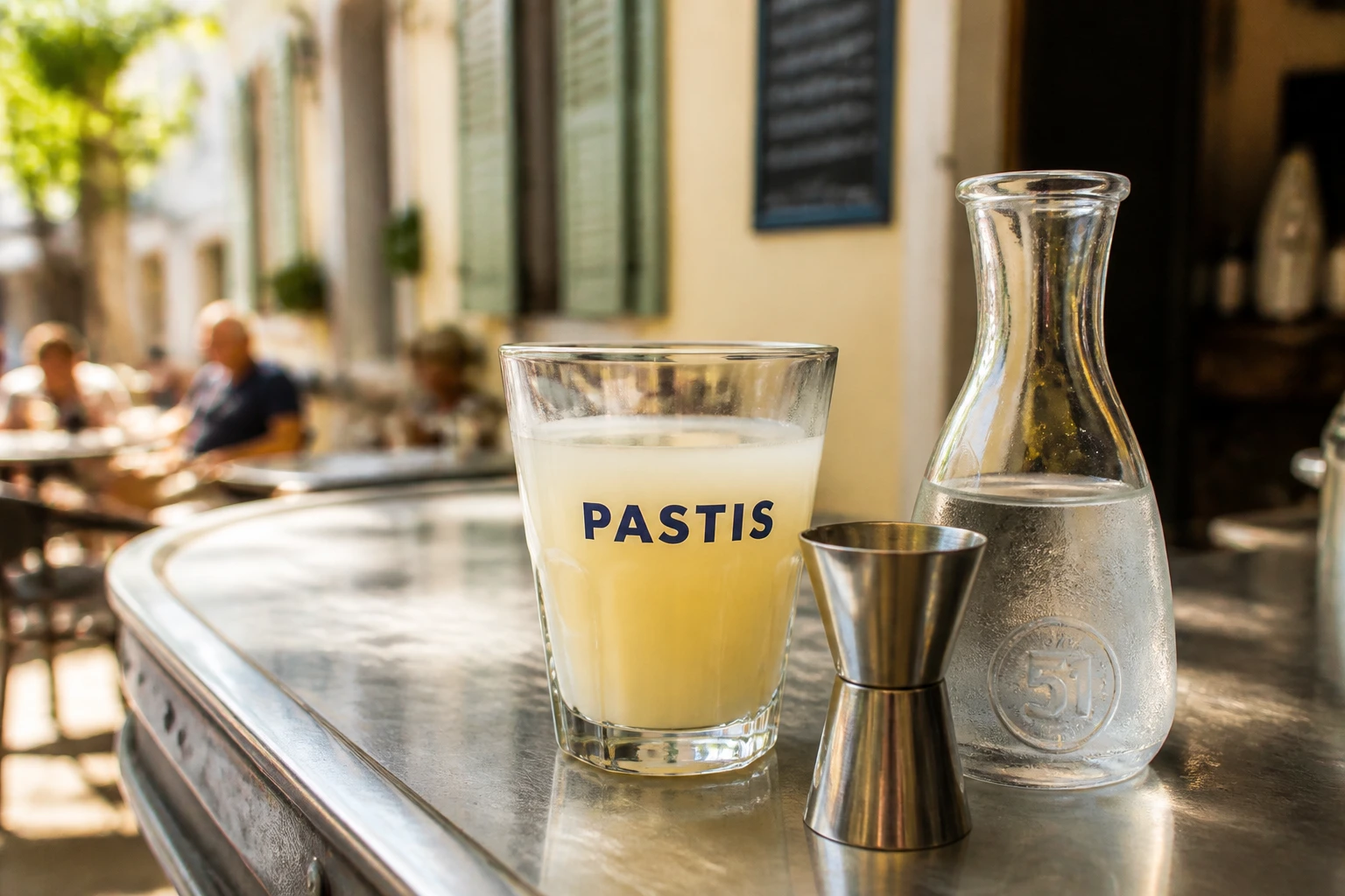 Verre de Ricard allongé posé sur un zinc de bar avec doseur et carafe d'eau, ambiance café français
