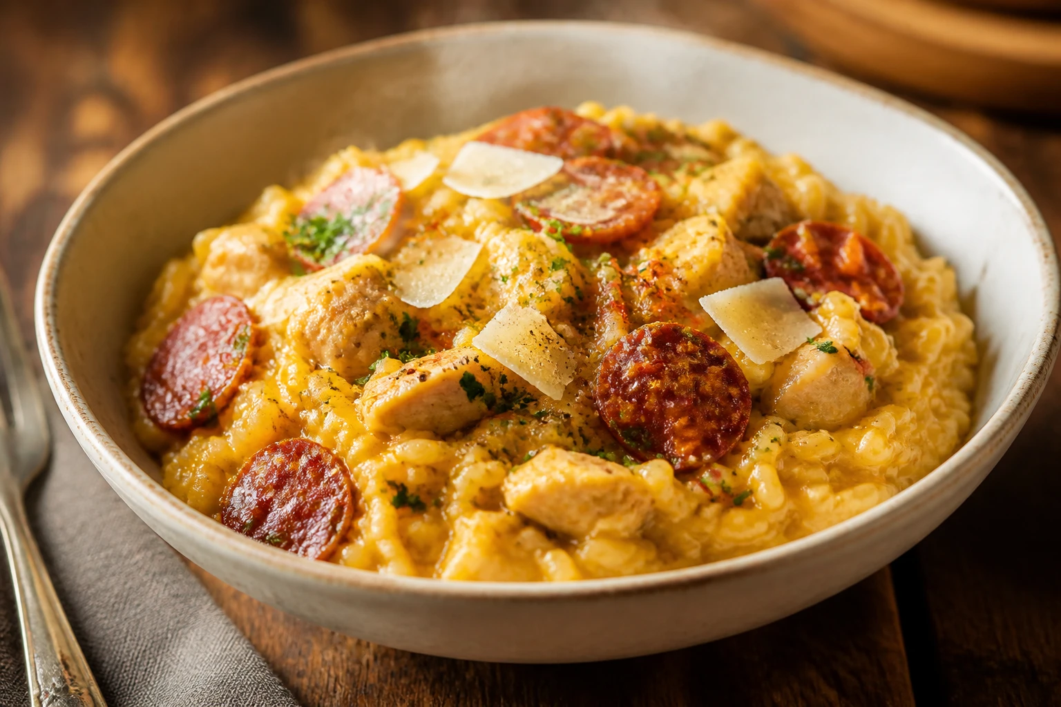 Risotto poulet chorizo au Cookeo servi dans un bol blanc, parmesan râpé et rondelles de chorizo visibles
