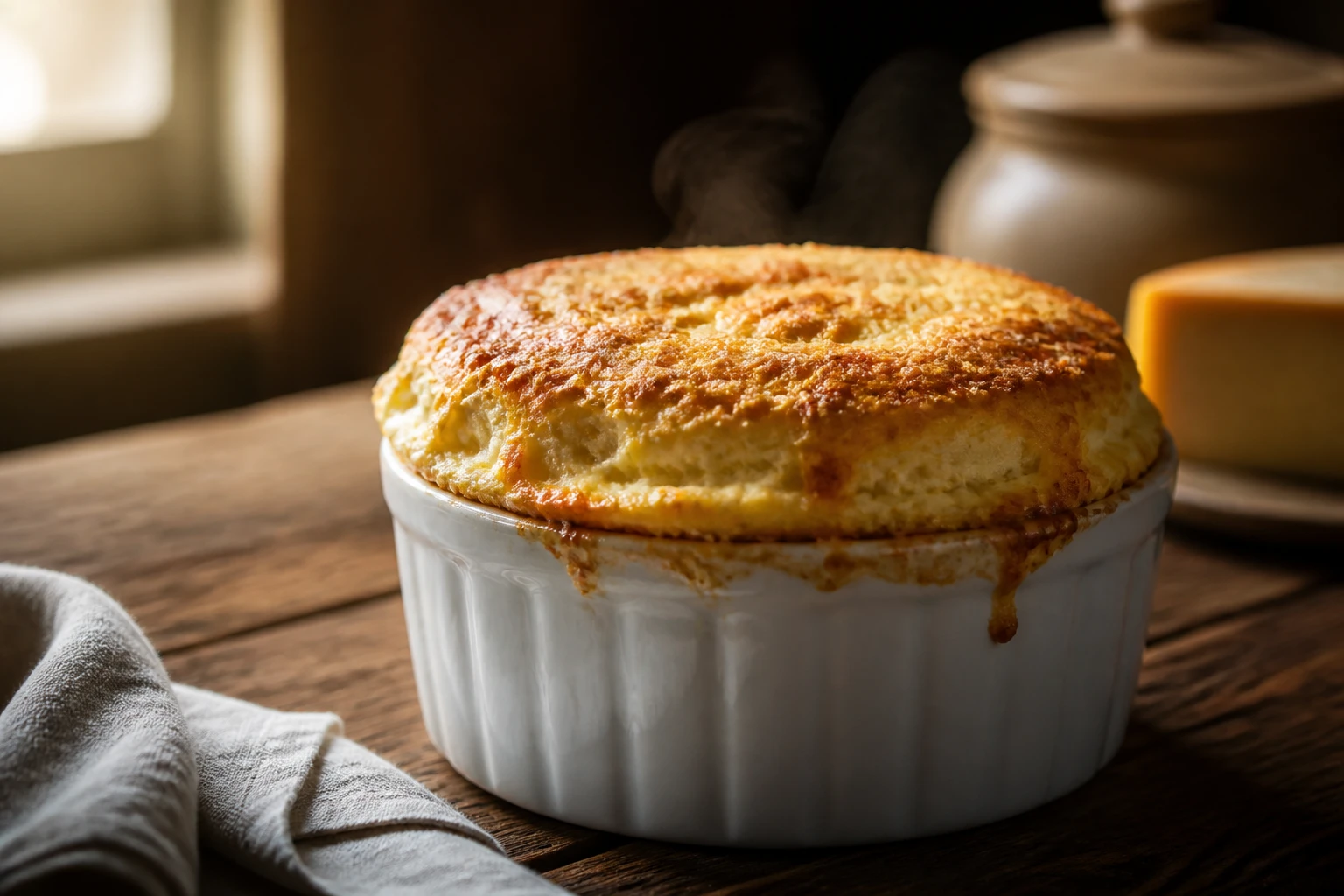 Soufflé au fromage doré et gonflé sortant du four dans un moule en céramique blanche