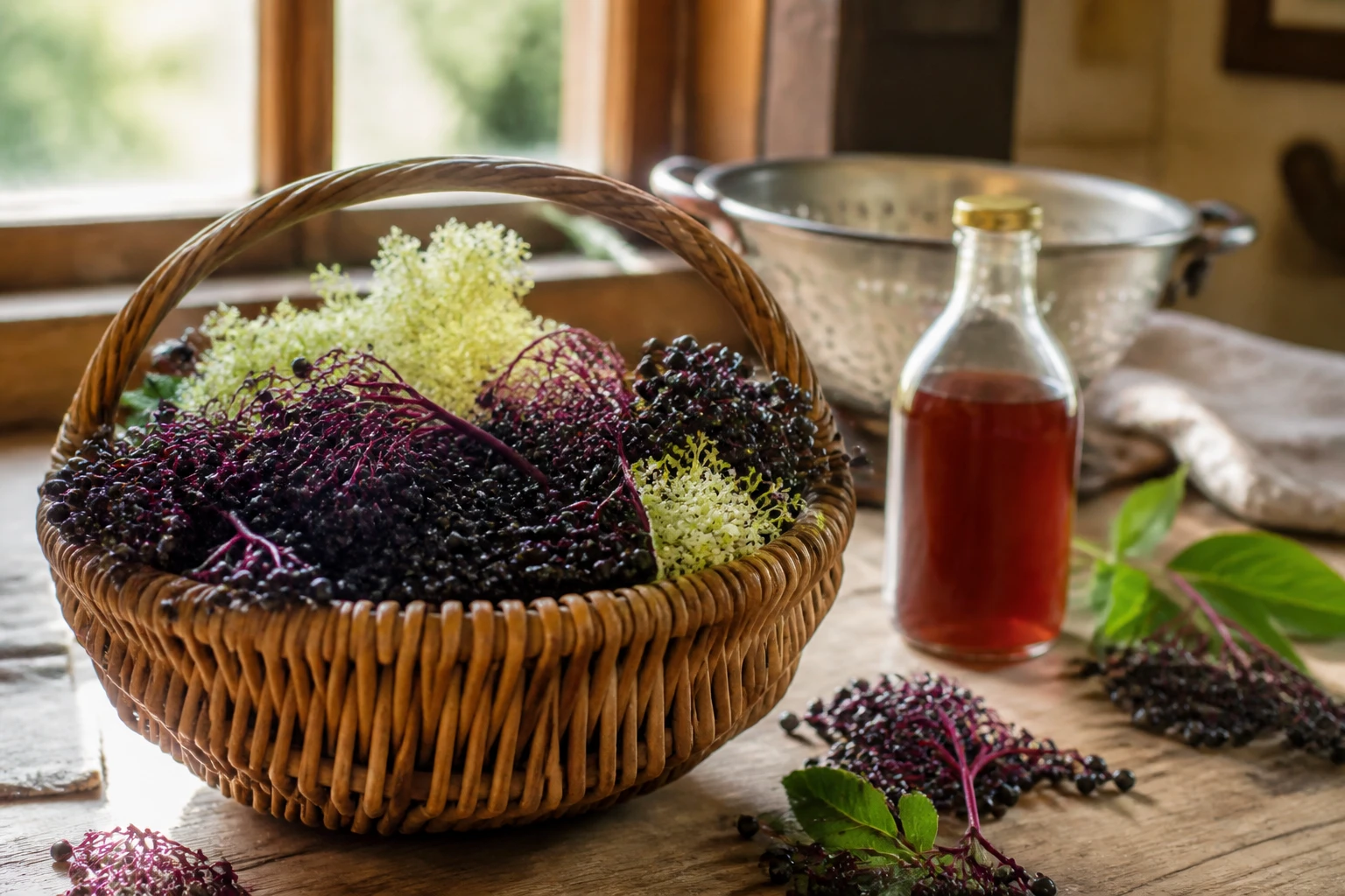 Panier de baies de sureau noir et fleurs blanches avec sirop artisanal sur table en bois