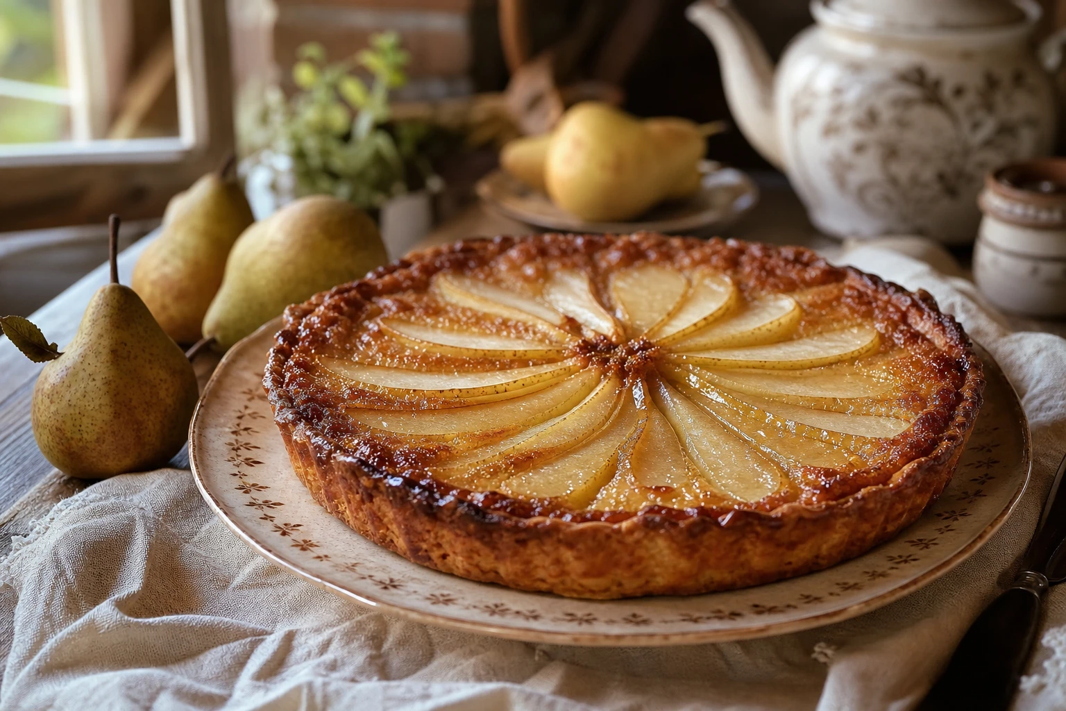 Tarte aux poires façon grand-mère dorée avec poires en éventail sur fond de crème d'amande