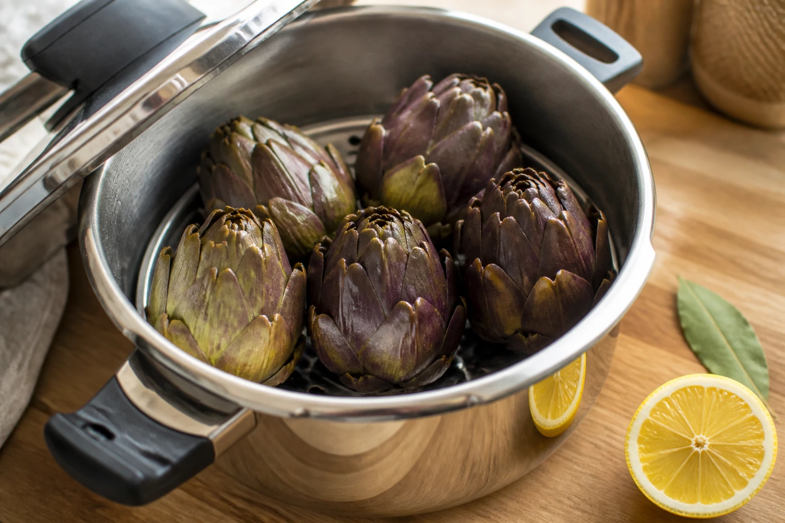 Artichauts cuits à la vapeur dans le panier d'une cocotte minute, avec citron et laurier