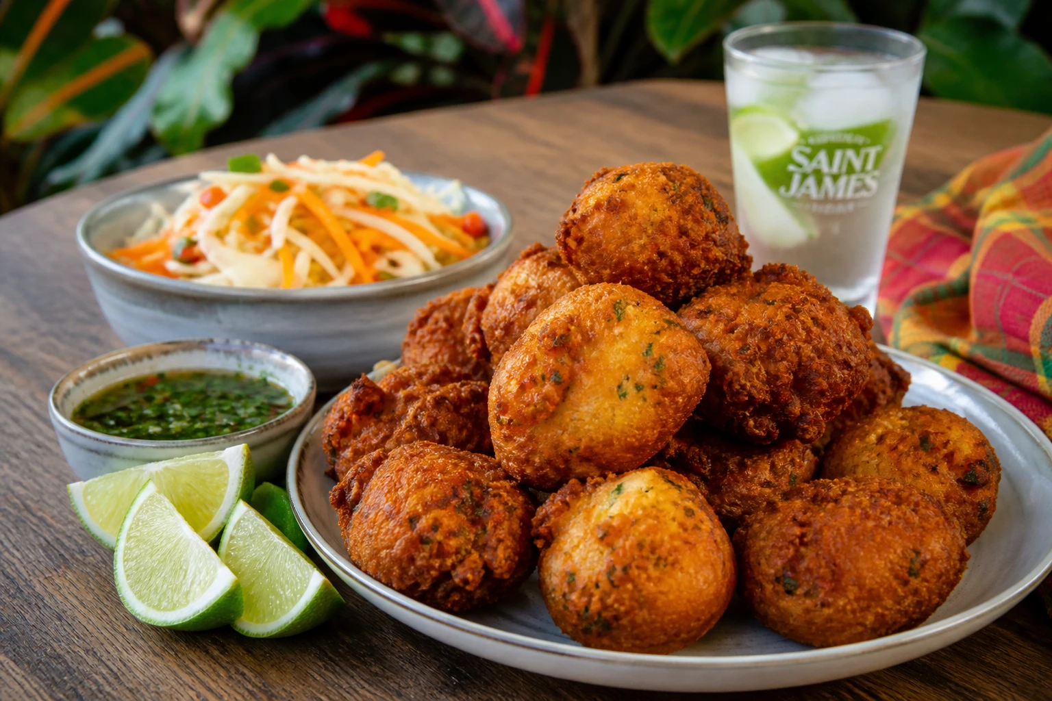 Accras de morue dorés servis avec sauce chien, salade créole et quartiers de citron vert sur une table conviviale
