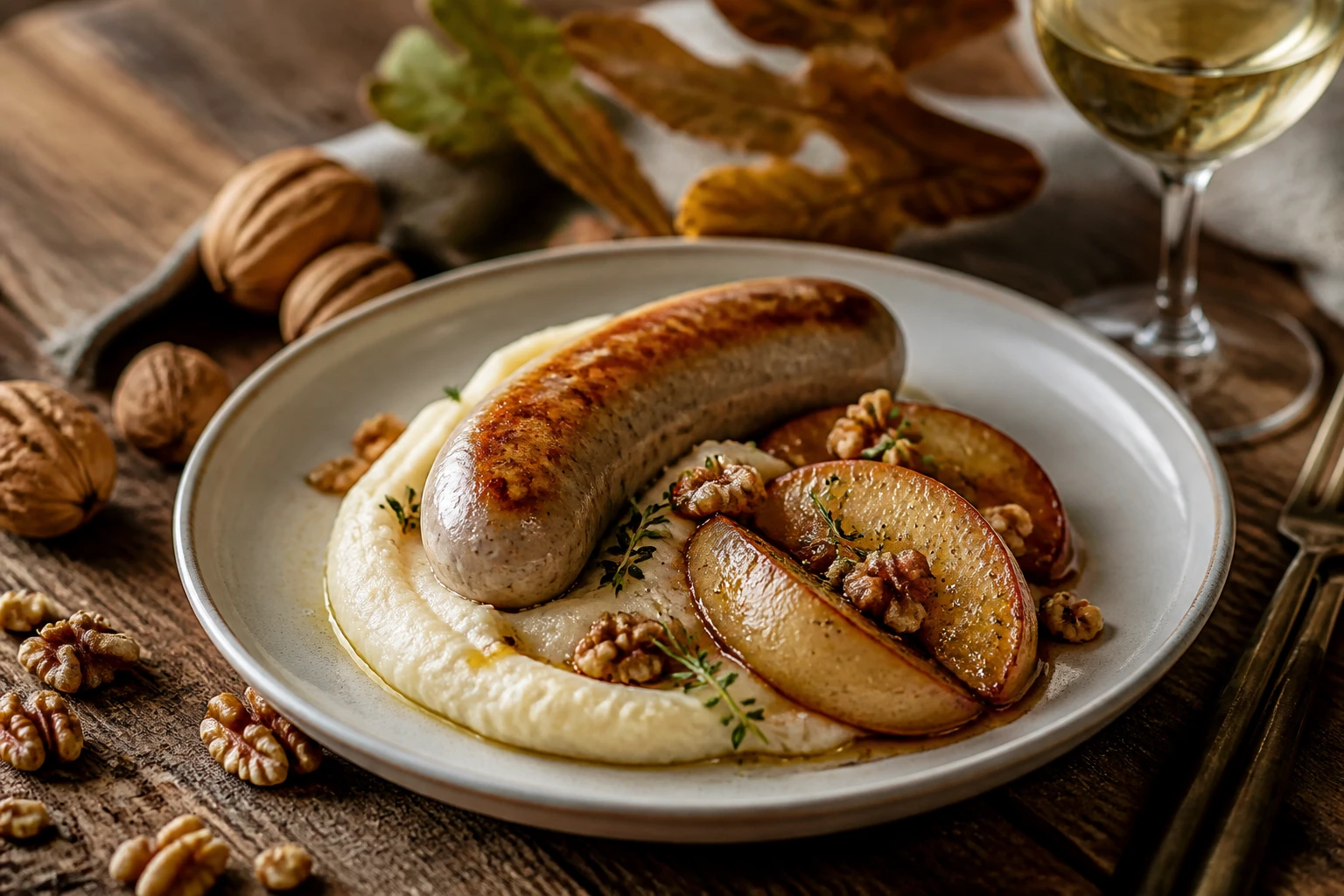 Boudin blanc doré servi avec pommes poêlées et purée de céleri-rave sur table en bois