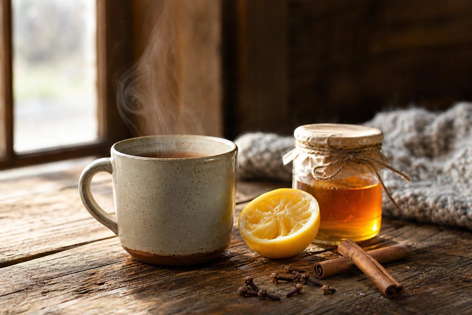 Tasse fumante de grog au citron et au miel posée sur une table en bois avec épices d'hiver