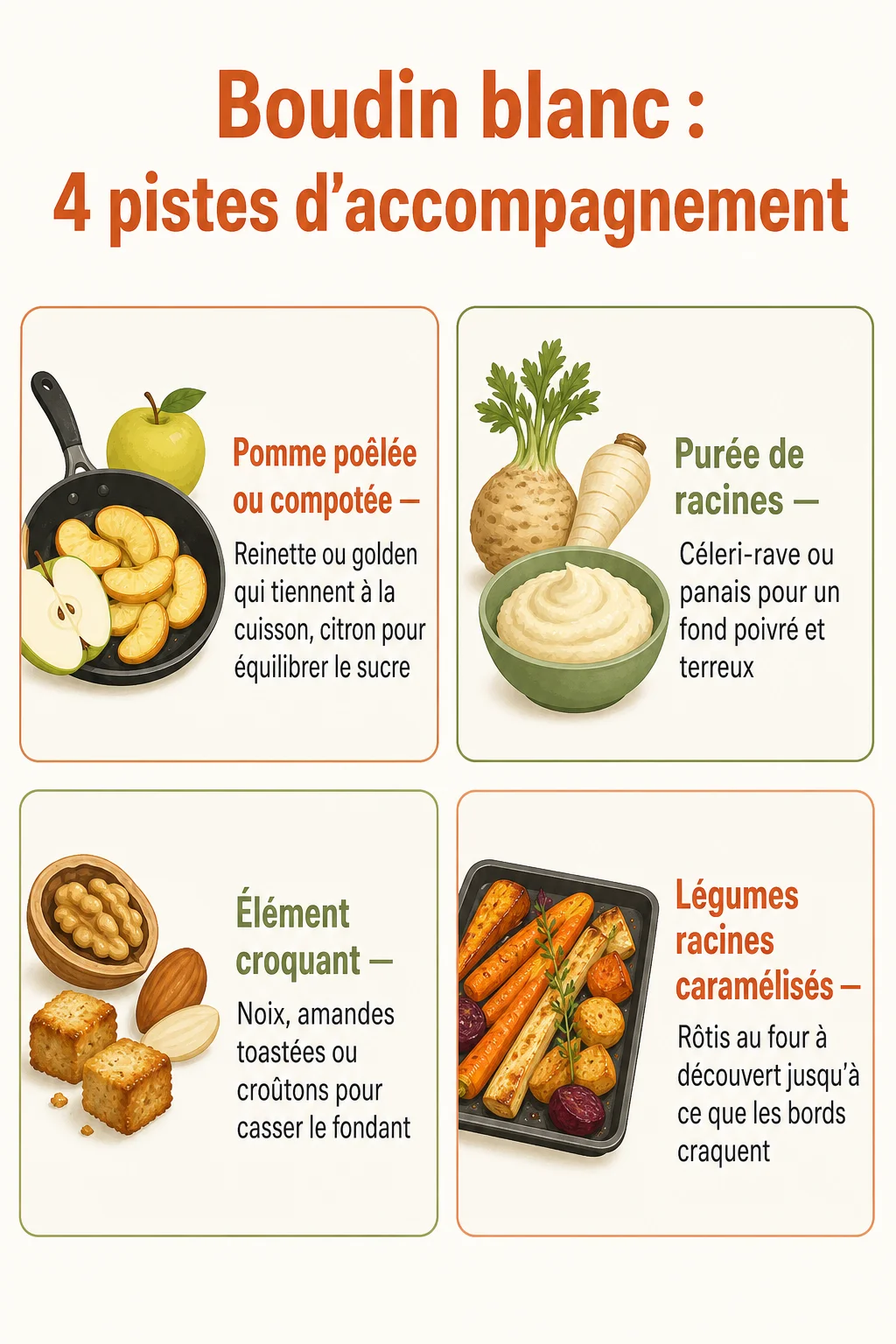 Boudin blanc : 4 pistes d'accompagnement : Pomme poêlée ou compotée, Purée de racines, Élément croquant, Légumes racines caramélisés