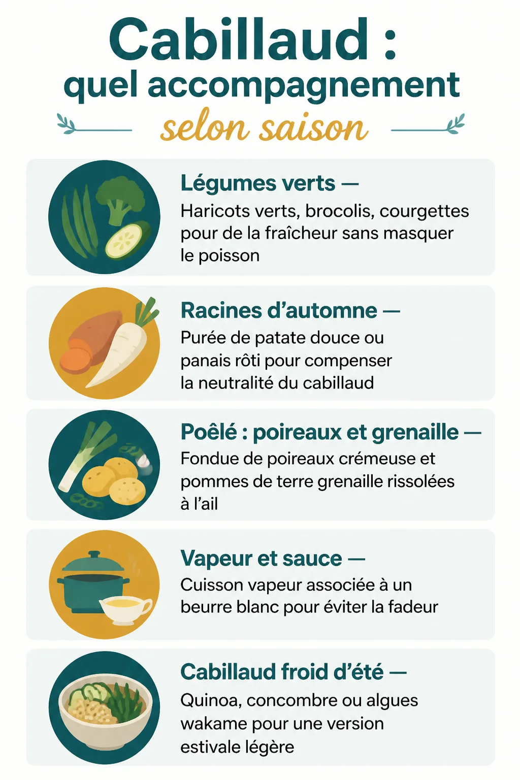 Cabillaud : quel accompagnement selon saison : Légumes verts, Racines d'automne, Poêlé : poireaux et grenaille, Vapeur et sauce, Cabillaud froid d'été