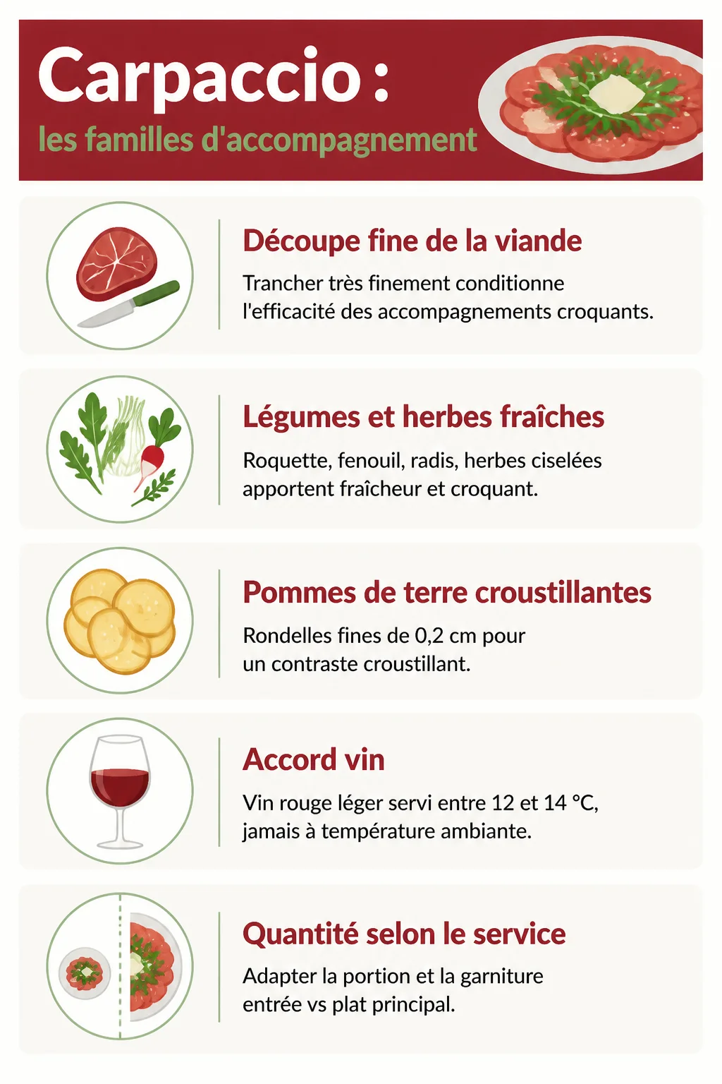 Carpaccio : les familles d'accompagnement : Découpe fine de la viande, Légumes et herbes fraîches, Pommes de terre croustillantes, Accord vin, Quantité selon le service
