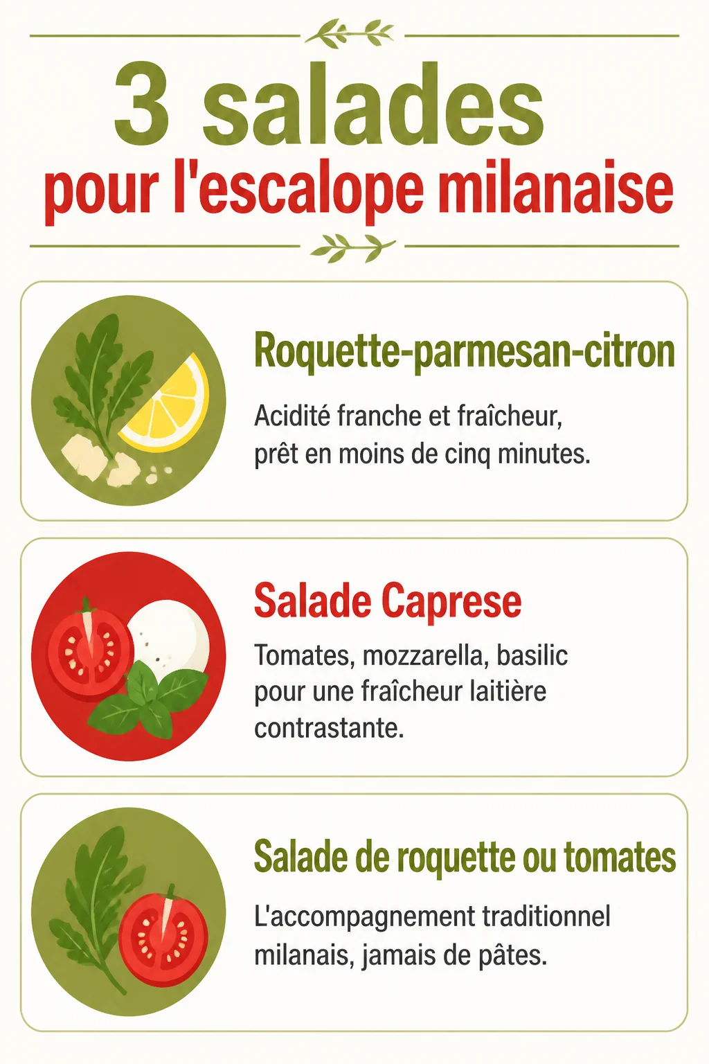 3 salades pour l'escalope milanaise : Roquette-parmesan-citron, Salade Caprese, Salade de roquette ou tomates