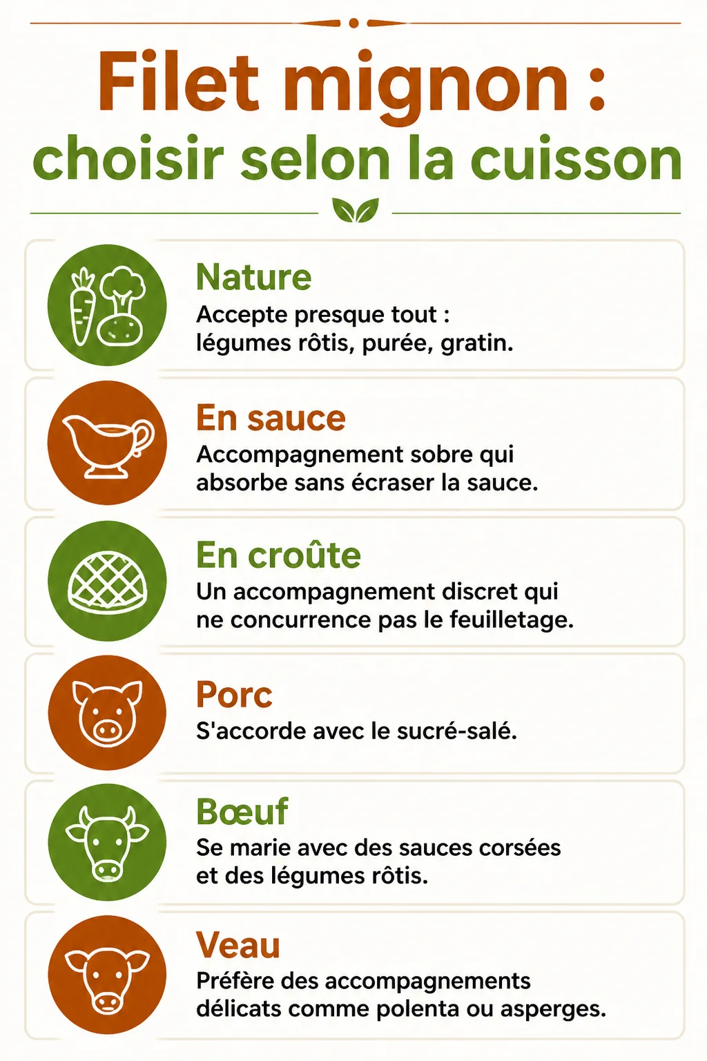 Filet mignon : choisir selon la cuisson : Nature, En sauce, En croûte, Porc, Bœuf, Veau