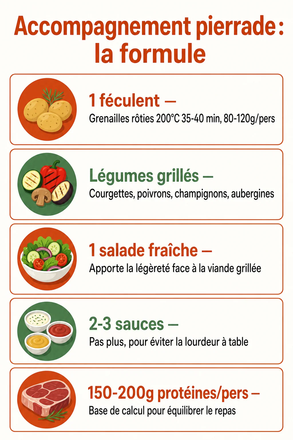 Accompagnement pierrade : la formule : 1 féculent, Légumes grillés, 1 salade fraîche, 2-3 sauces, 150-200g protéines/pers