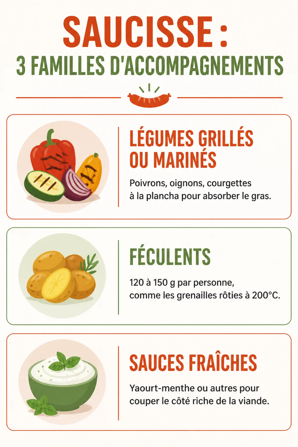 Saucisse : 3 familles d'accompagnements : Légumes grillés ou marinés, Féculents, Sauces fraîches