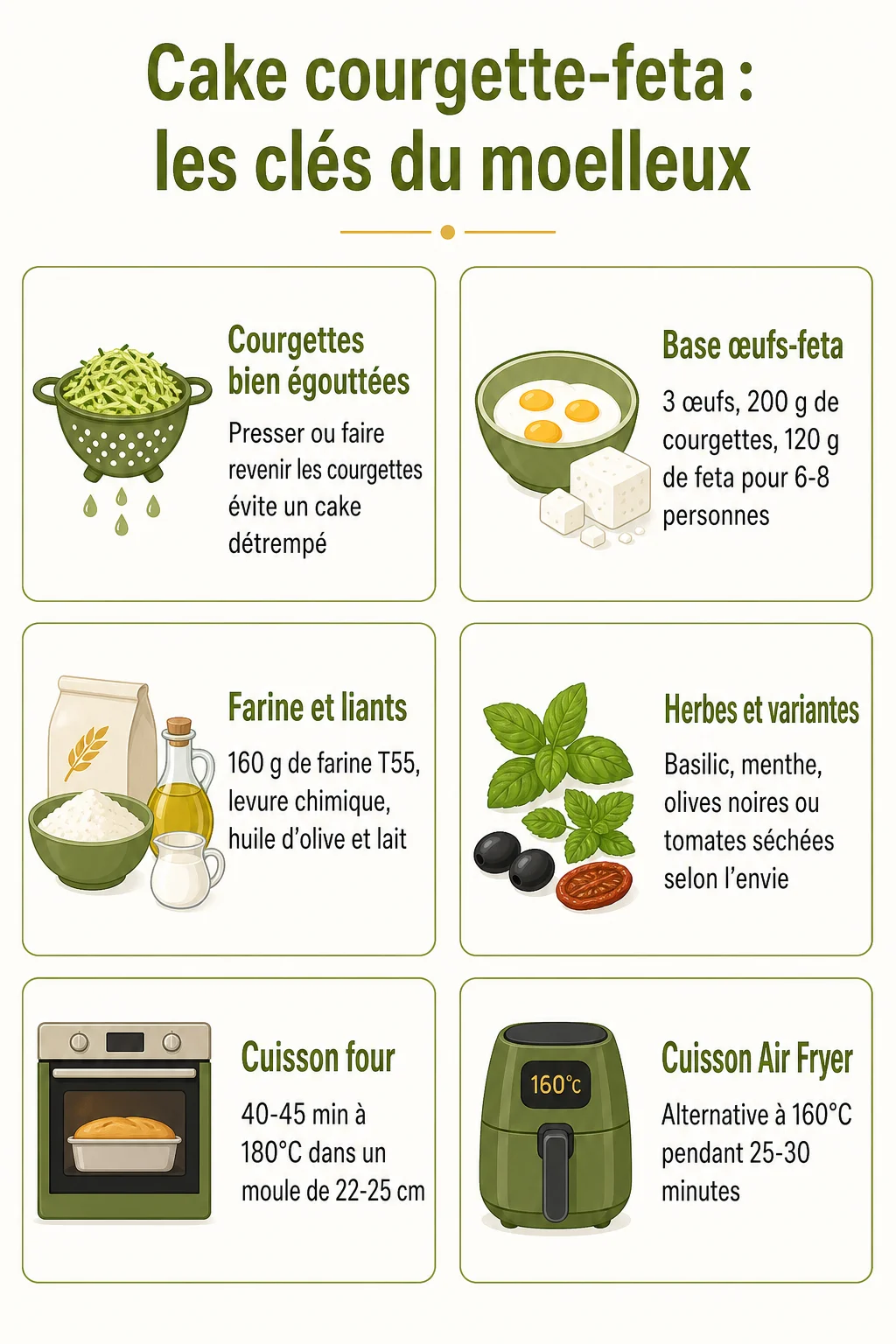 Cake courgette-feta : les clés du moelleux : Courgettes bien égouttées, Base œufs-feta, Farine et liants, Herbes et variantes, Cuisson four, Cuisson Air Fryer