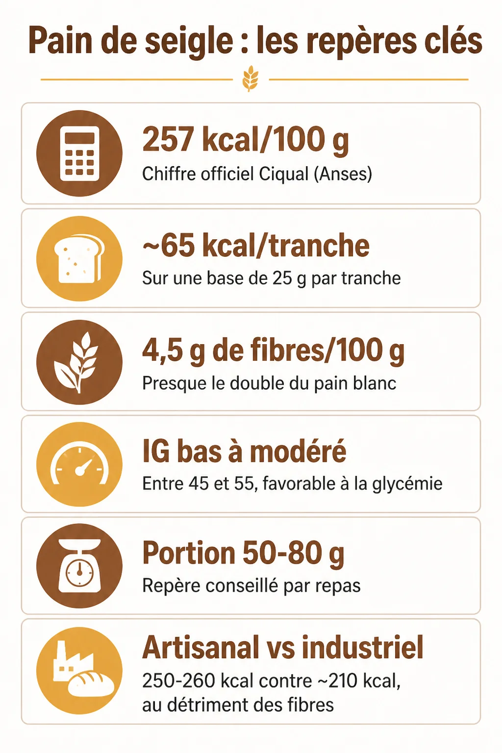 Pain de seigle : les repères clés : 257 kcal/100 g, ~65 kcal/tranche, 4,5 g de fibres/100 g, IG bas à modéré, Portion 50-80 g, Artisanal vs industriel