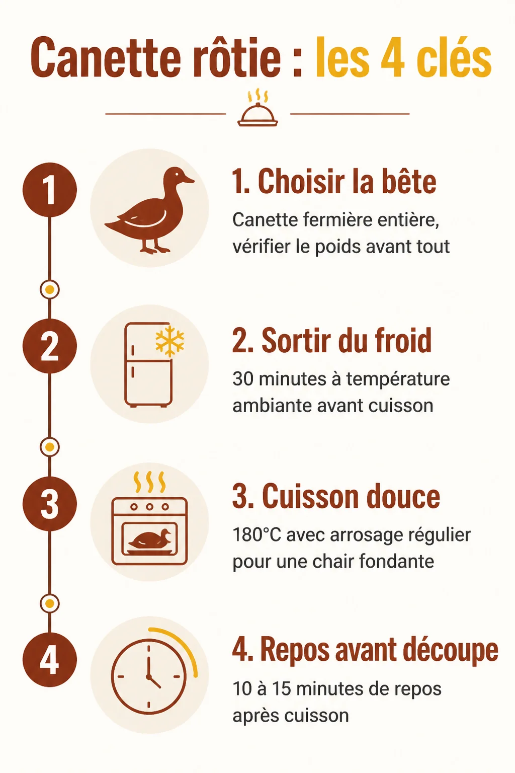 Canette rôtie : les 4 clés : 1. Choisir la bête, 2. Sortir du froid, 3. Cuisson douce, 4. Repos avant découpe