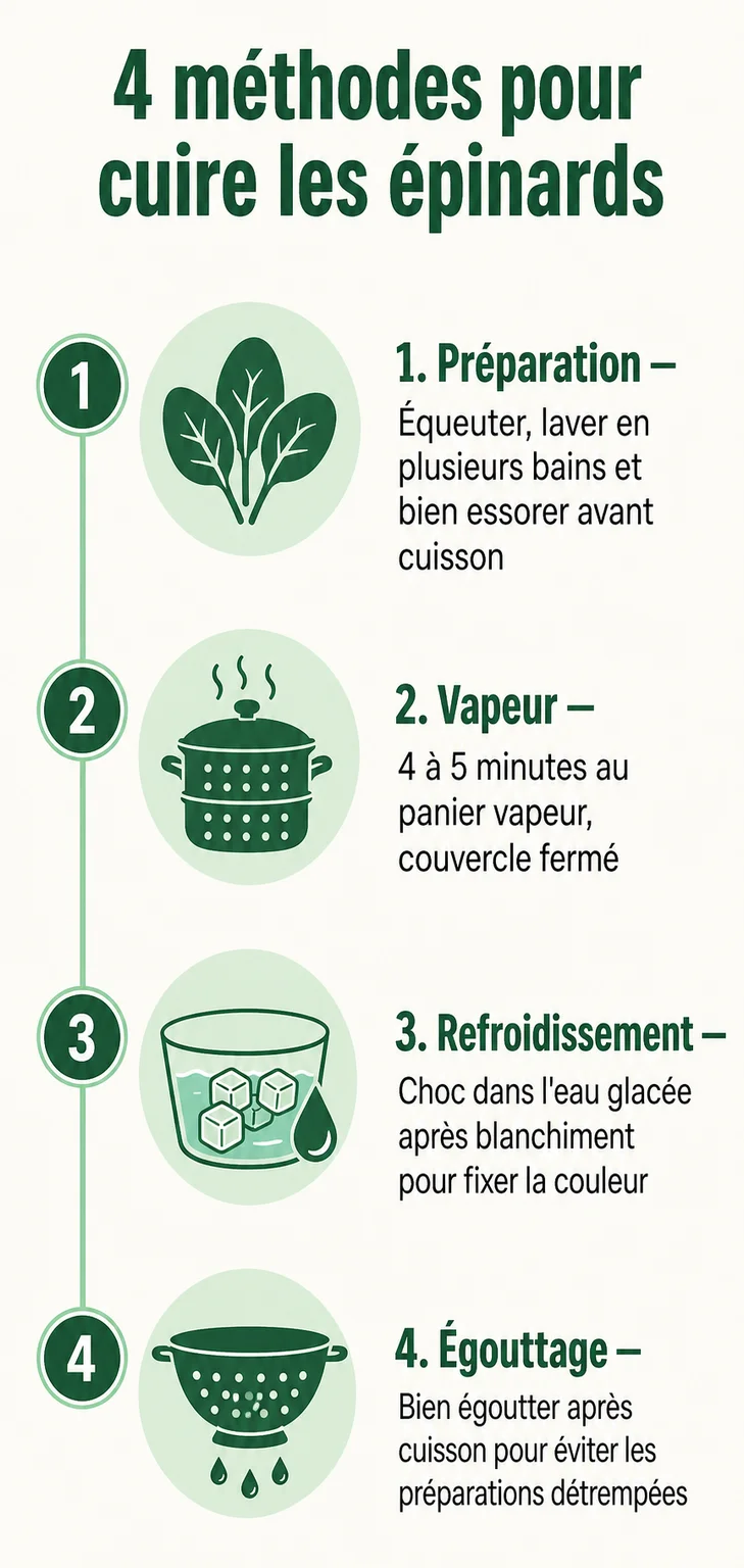 4 méthodes pour cuire les épinards : 1. Préparation, 2. Vapeur, 3. Refroidissement, 4. Égouttage