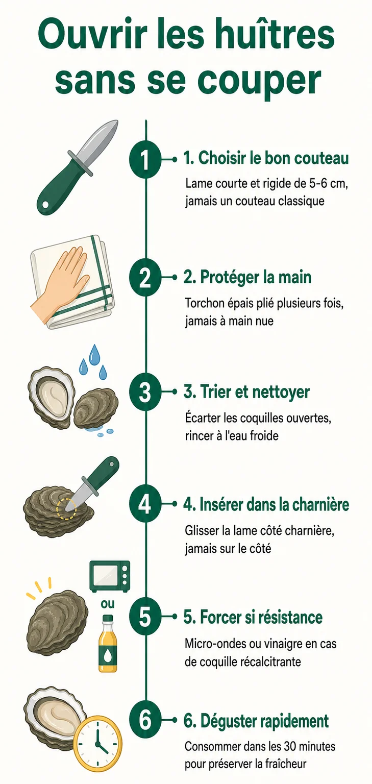 Ouvrir les huîtres sans se couper : 1. Choisir le bon couteau, 2. Protéger la main, 3. Trier et nettoyer, 4. Insérer dans la charnière, 5. Forcer si résistance, 6. Déguster rapidement
