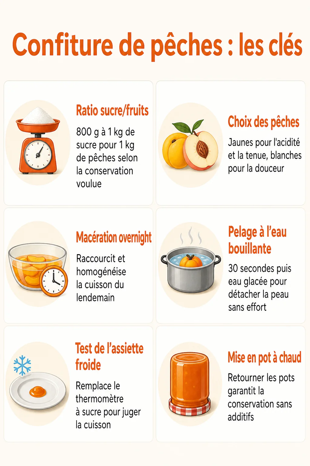 Confiture de pêches : les clés : Ratio sucre/fruits, Choix des pêches, Macération overnight, Pelage à l'eau bouillante, Test de l'assiette froide, Mise en pot à chaud