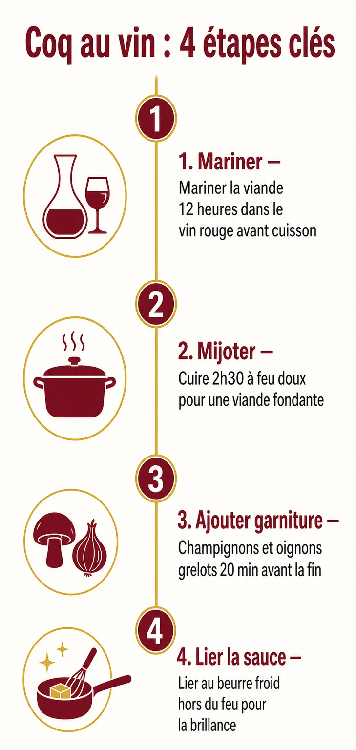 Coq au vin : 4 étapes clés : 1. Mariner, 2. Mijoter, 3. Ajouter garniture, 4. Lier la sauce