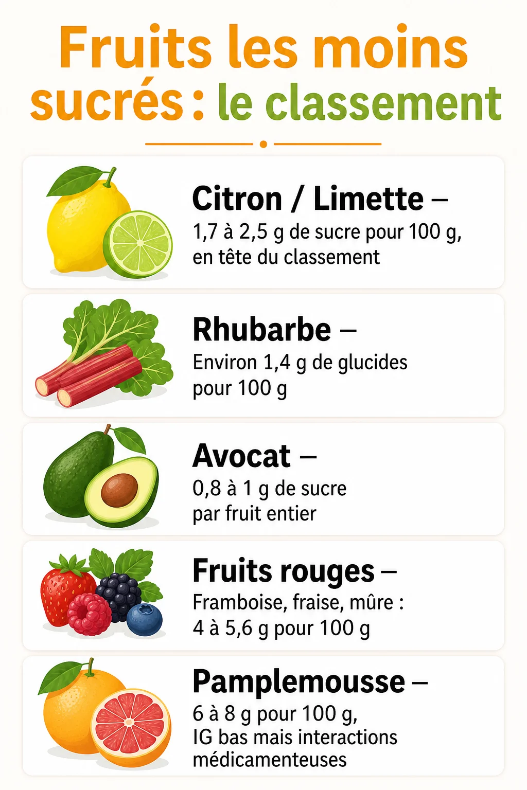 Fruits les moins sucrés : le classement : Citron / Limette, Rhubarbe, Avocat, Fruits rouges, Pamplemousse