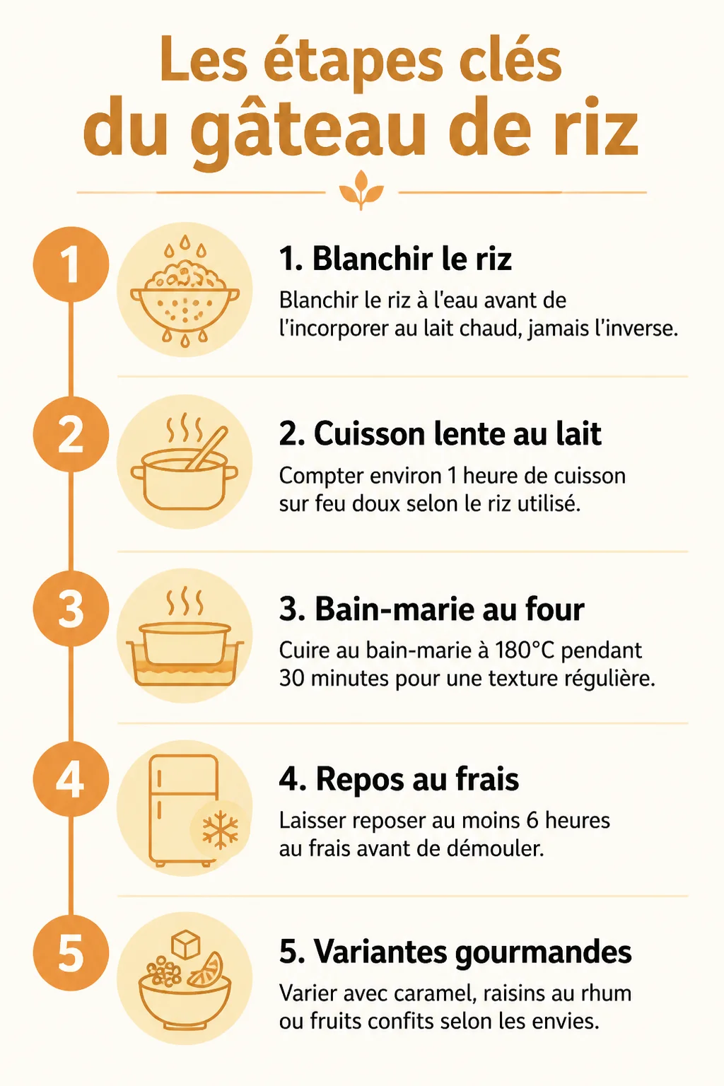 Les étapes clés du gâteau de riz : 1. Blanchir le riz, 2. Cuisson lente au lait, 3. Bain-marie au four, 4. Repos au frais, 5. Variantes gourmandes