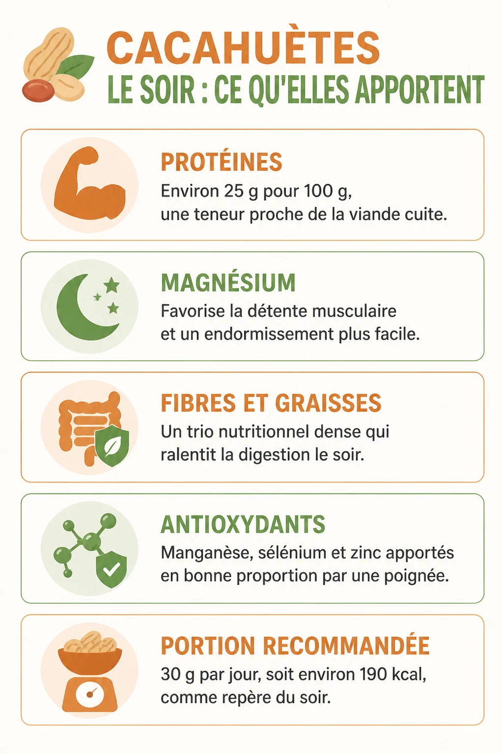 Cacahuètes le soir : ce qu'elles apportent : Protéines, Magnésium, Fibres et graisses, Antioxydants, Portion recommandée