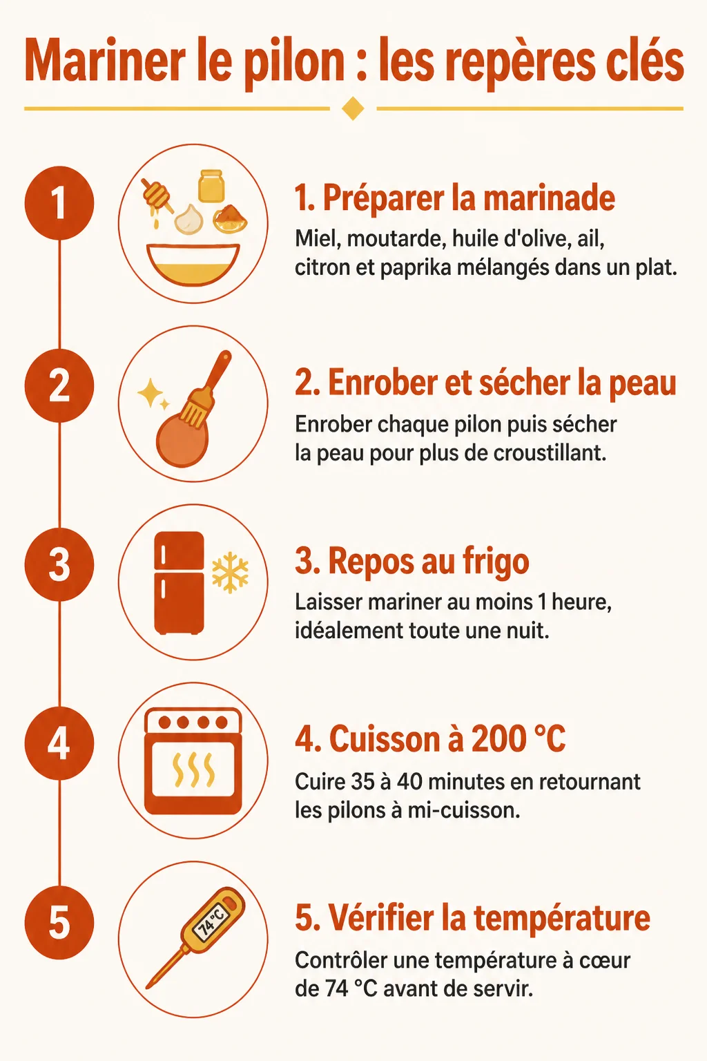 Mariner le pilon : les repères clés : 1. Préparer la marinade, 2. Enrober et sécher la peau, 3. Repos au frigo, 4. Cuisson à 200 °C, 5. Vérifier la température