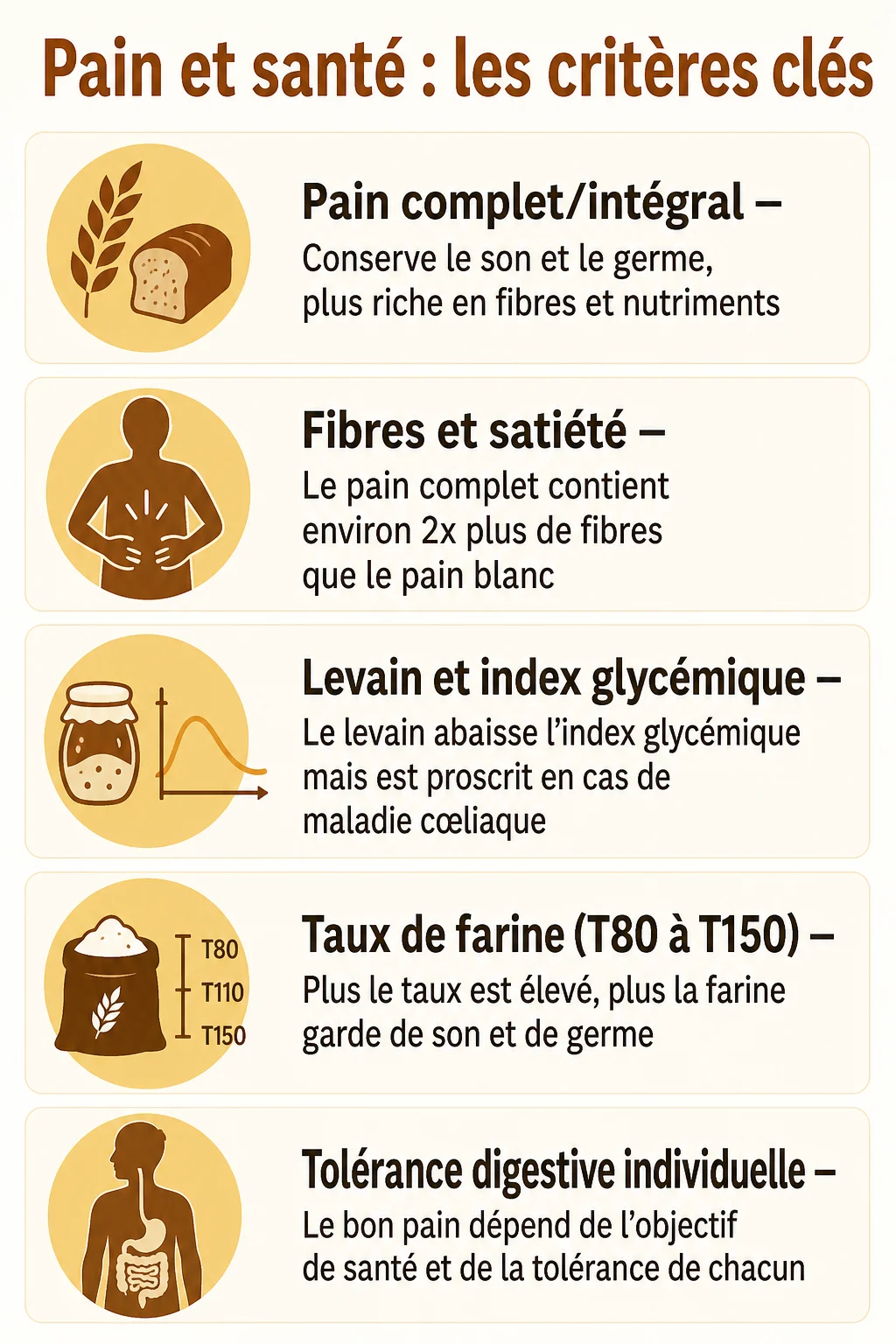 Pain et santé : les critères clés : Pain complet/intégral, Fibres et satiété, Levain et index glycémique, Taux de farine (T80 à T150), Tolérance digestive individuelle