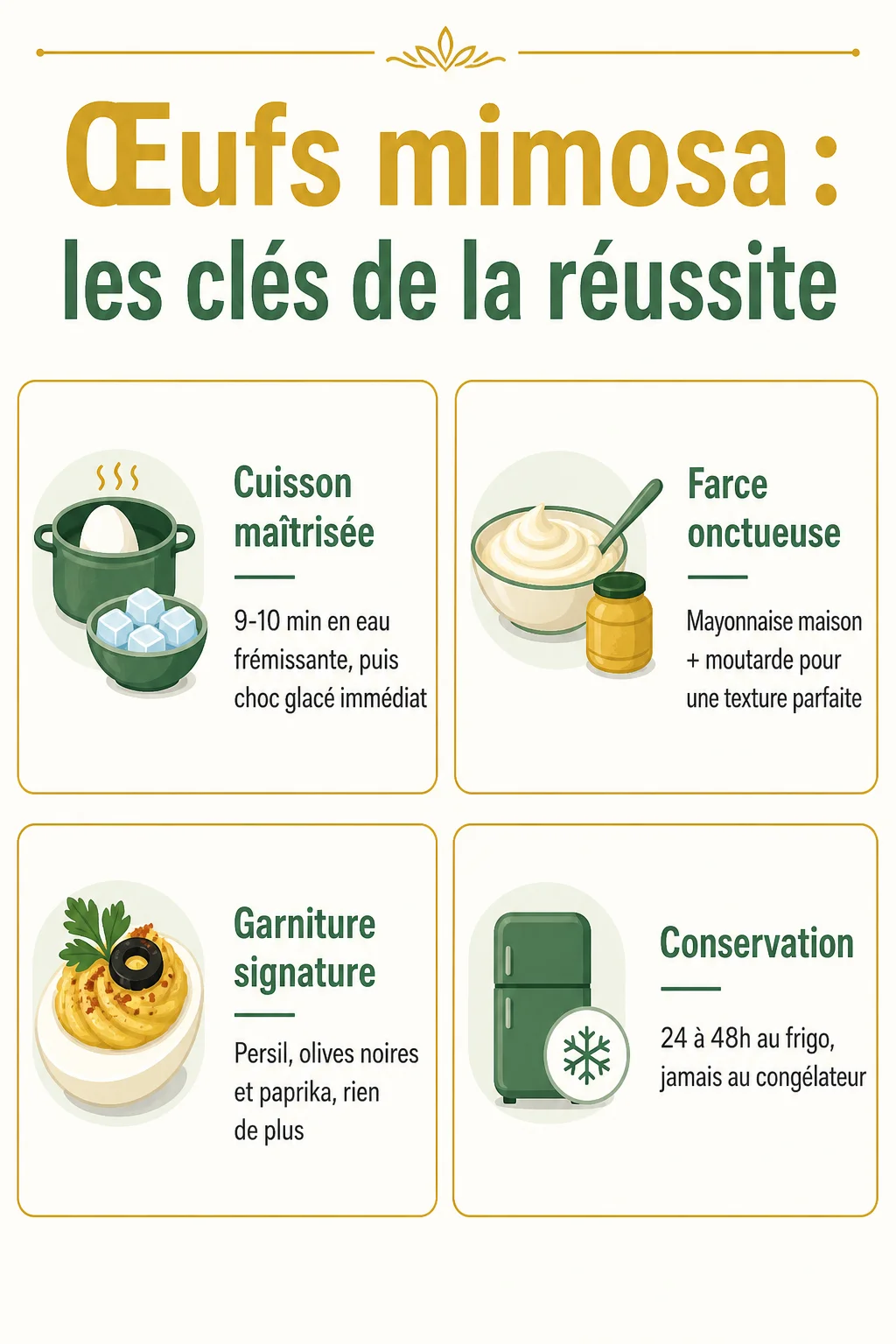 Œufs mimosa : les clés de la réussite : Cuisson maîtrisée, Farce onctueuse, Garniture signature, Conservation