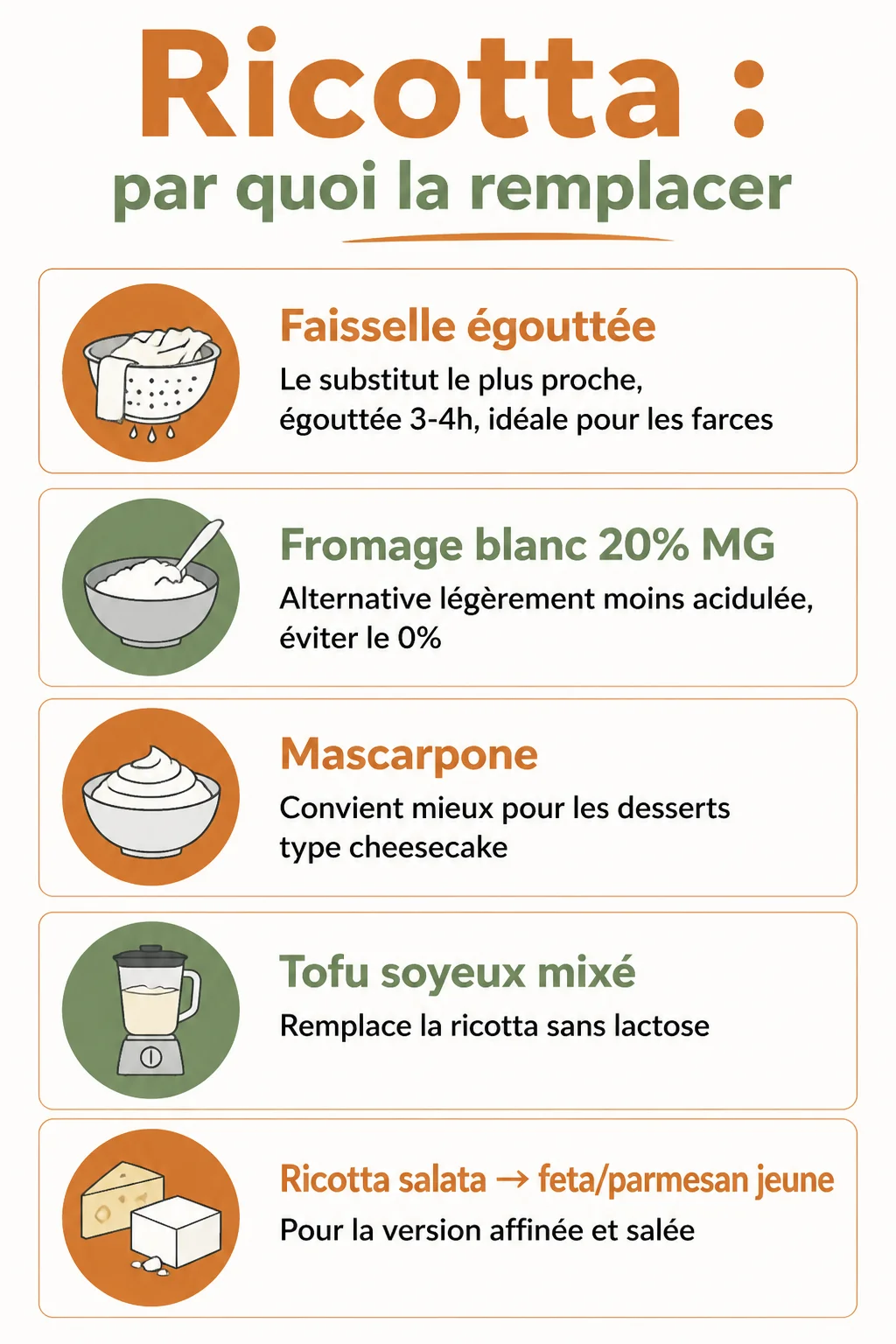 Ricotta : par quoi la remplacer : Faisselle égouttée, Fromage blanc 20% MG, Mascarpone, Tofu soyeux mixé, Ricotta salata → feta/parmesan jeune