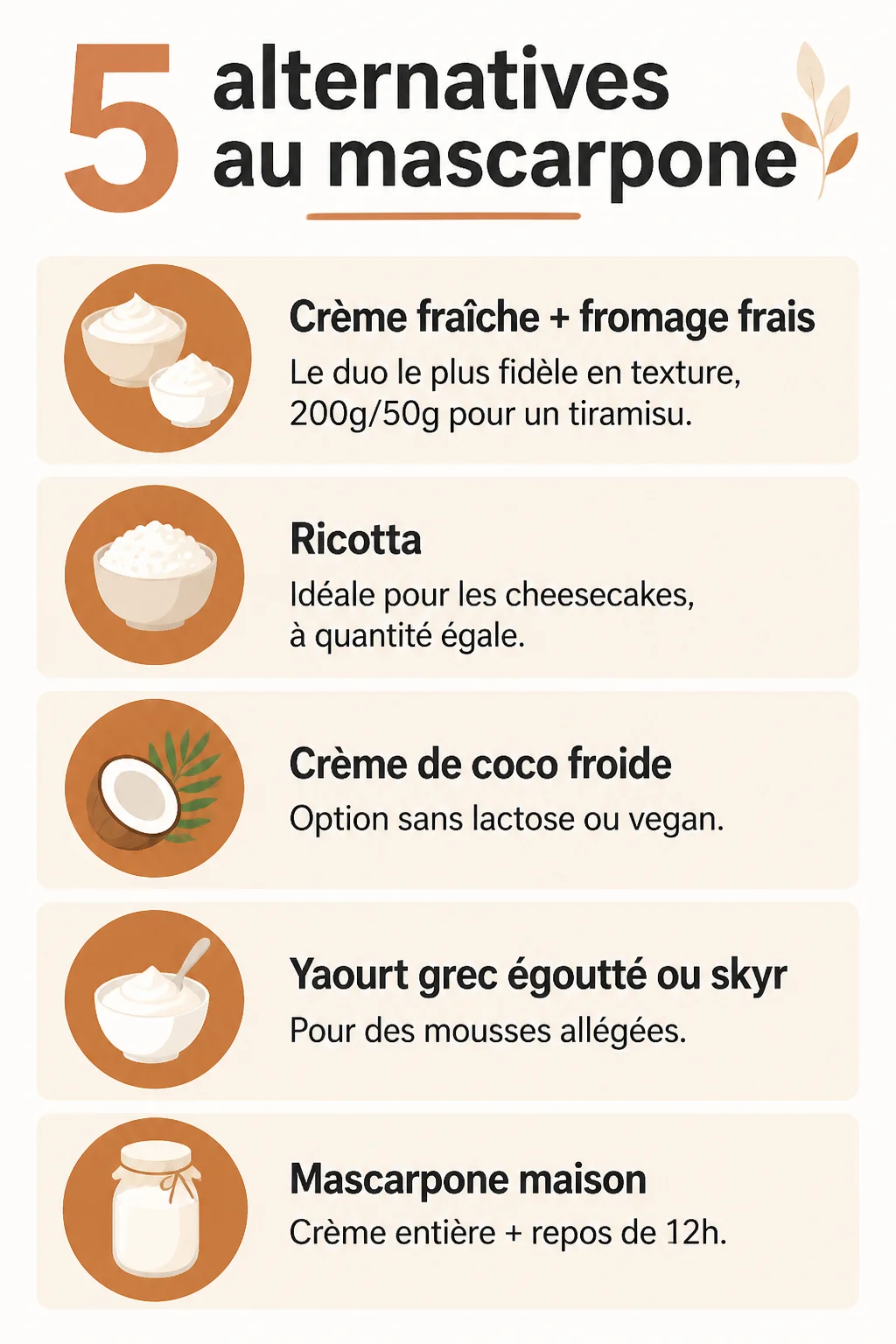5 alternatives au mascarpone : Crème fraîche + fromage frais, Ricotta, Crème de coco froide, Yaourt grec égoutté ou skyr, Mascarpone maison