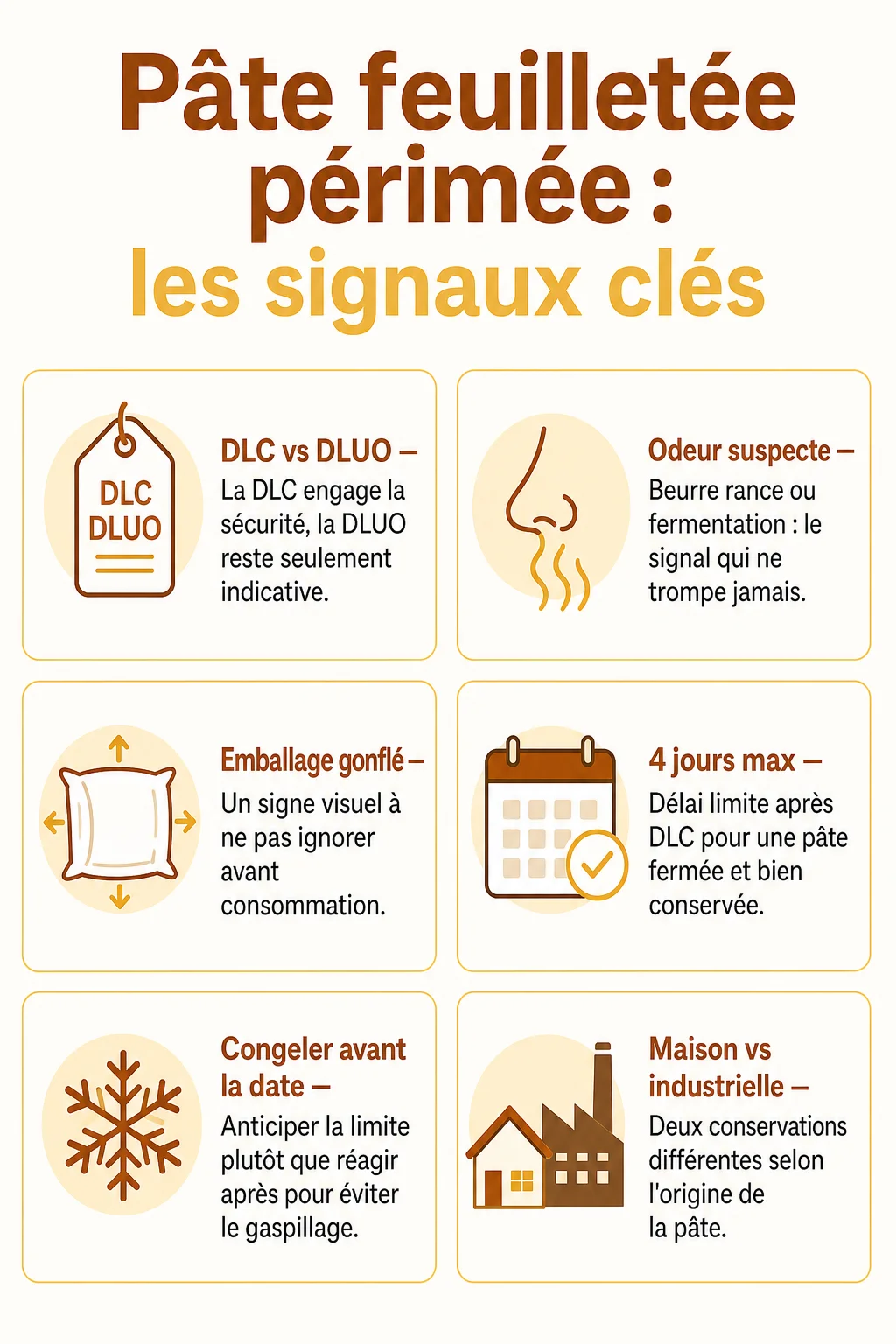 Pâte feuilletée périmée : les signaux clés : DLC vs DLUO, Odeur suspecte, Emballage gonflé, 4 jours max, Congeler avant la date, Maison vs industrielle