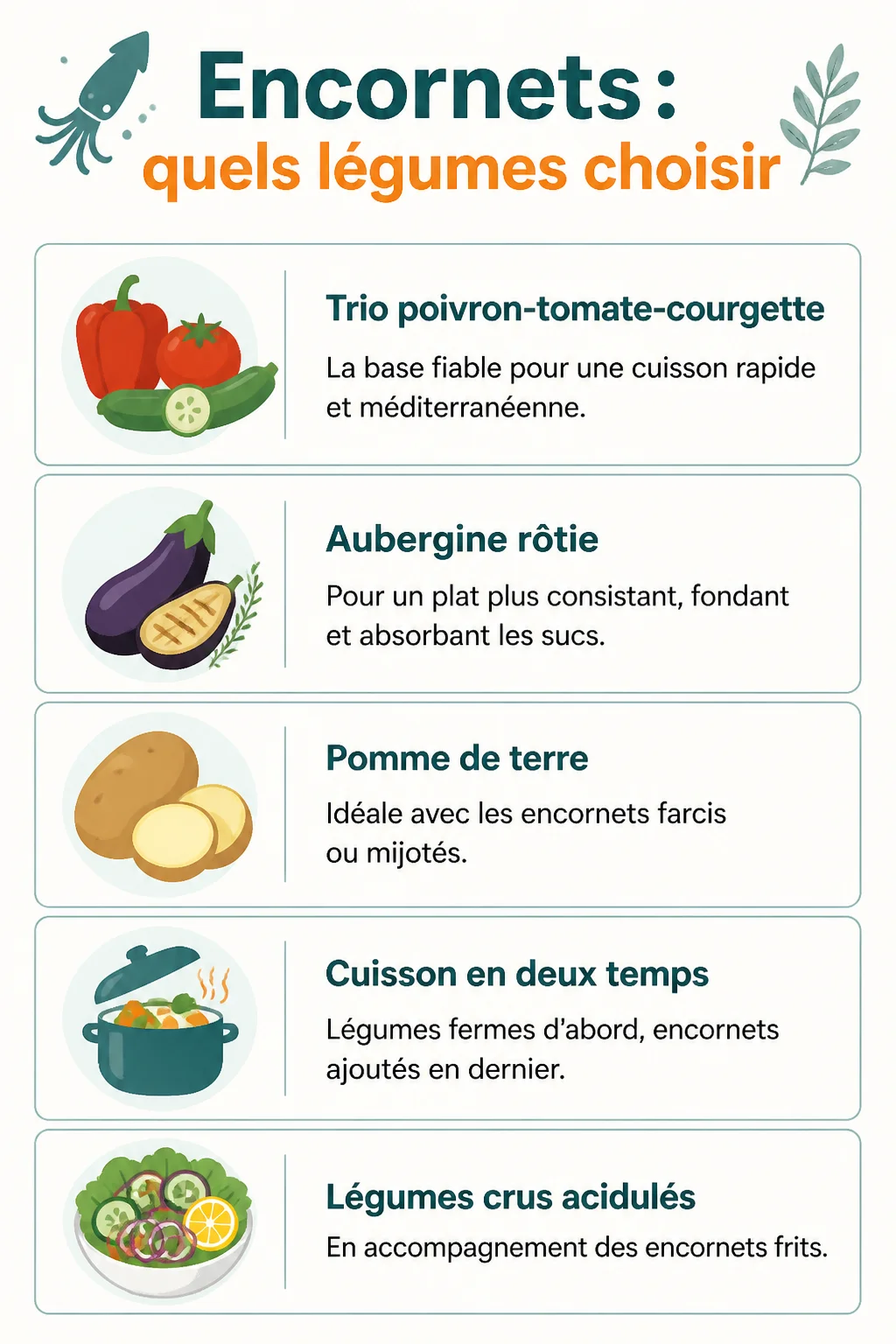 Encornets : quels légumes choisir : Trio poivron-tomate-courgette, Aubergine rôtie, Pomme de terre, Cuisson en deux temps, Légumes crus acidulés