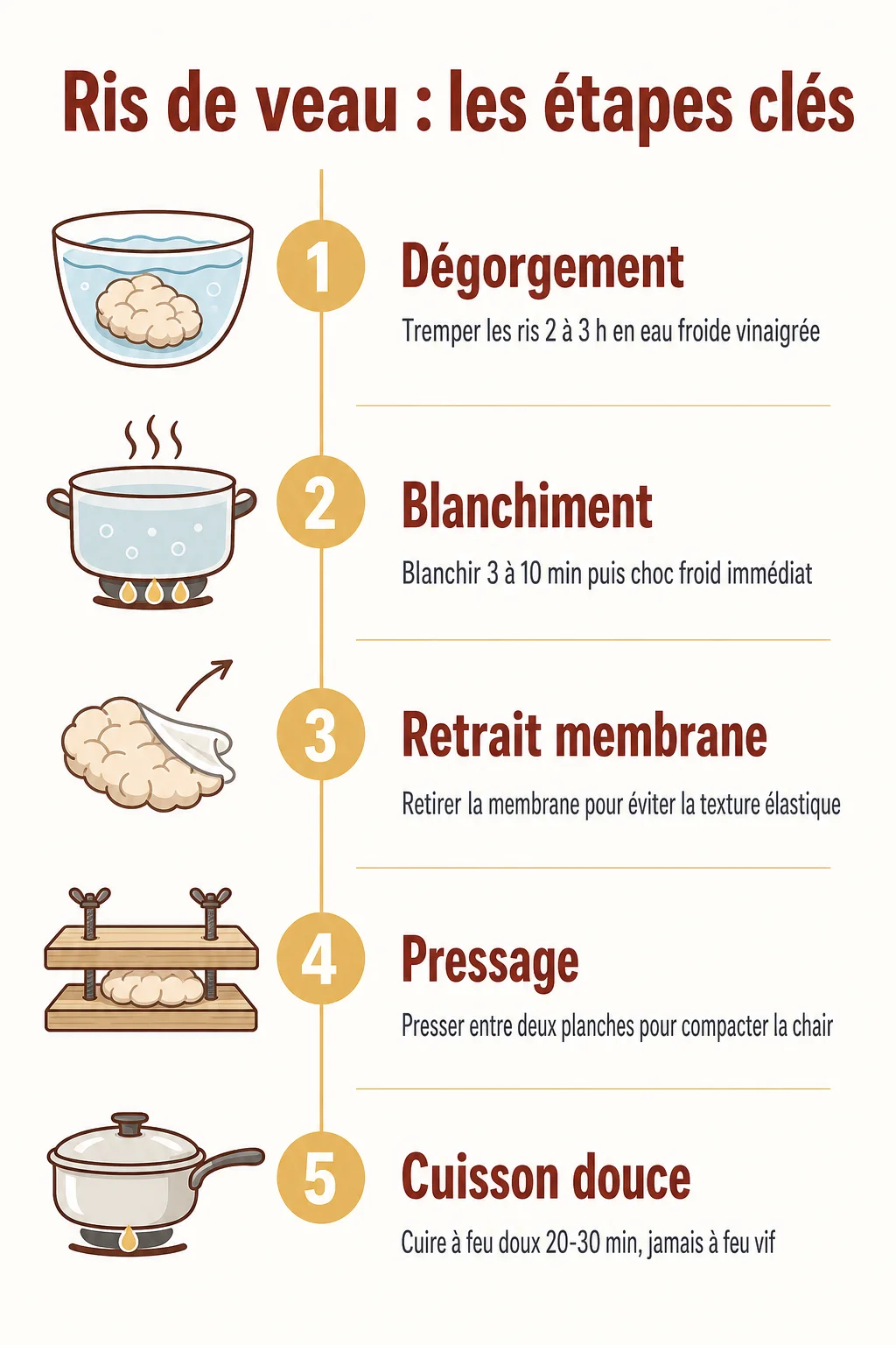 Ris de veau : les étapes clés : 1. Dégorgement, 2. Blanchiment, 3. Retrait membrane, 4. Pressage, 5. Cuisson douce