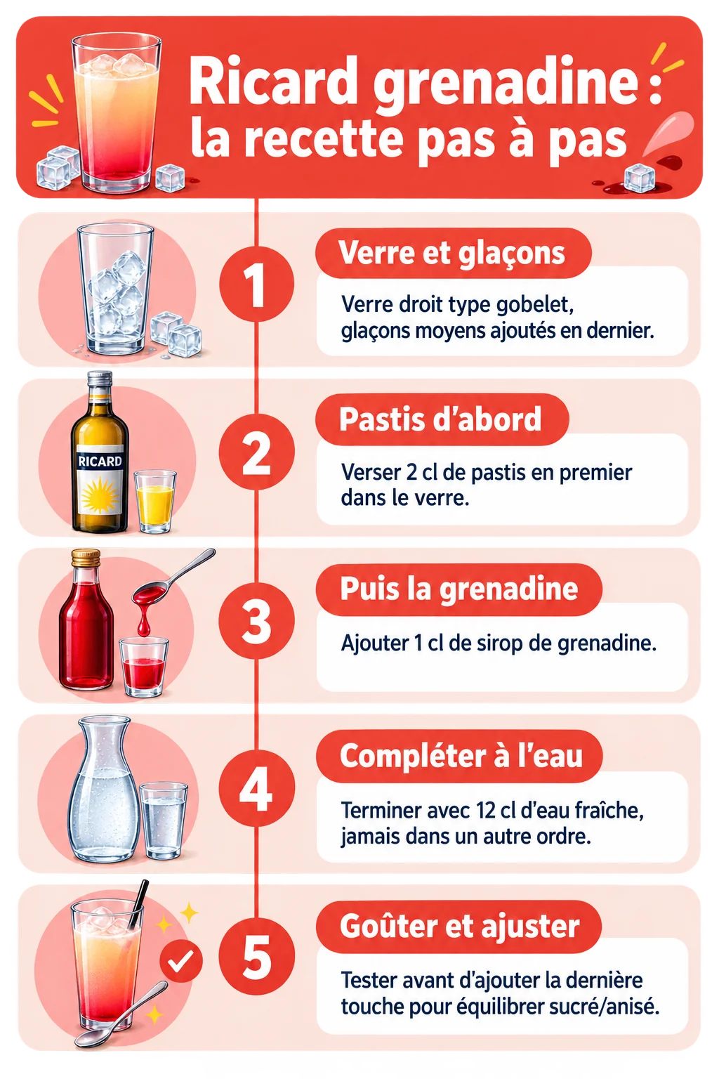Ricard grenadine : la recette pas à pas : 1. Verre et glaçons, 2. Pastis d'abord, 3. Puis la grenadine, 4. Compléter à l'eau, 5. Goûter et ajuster