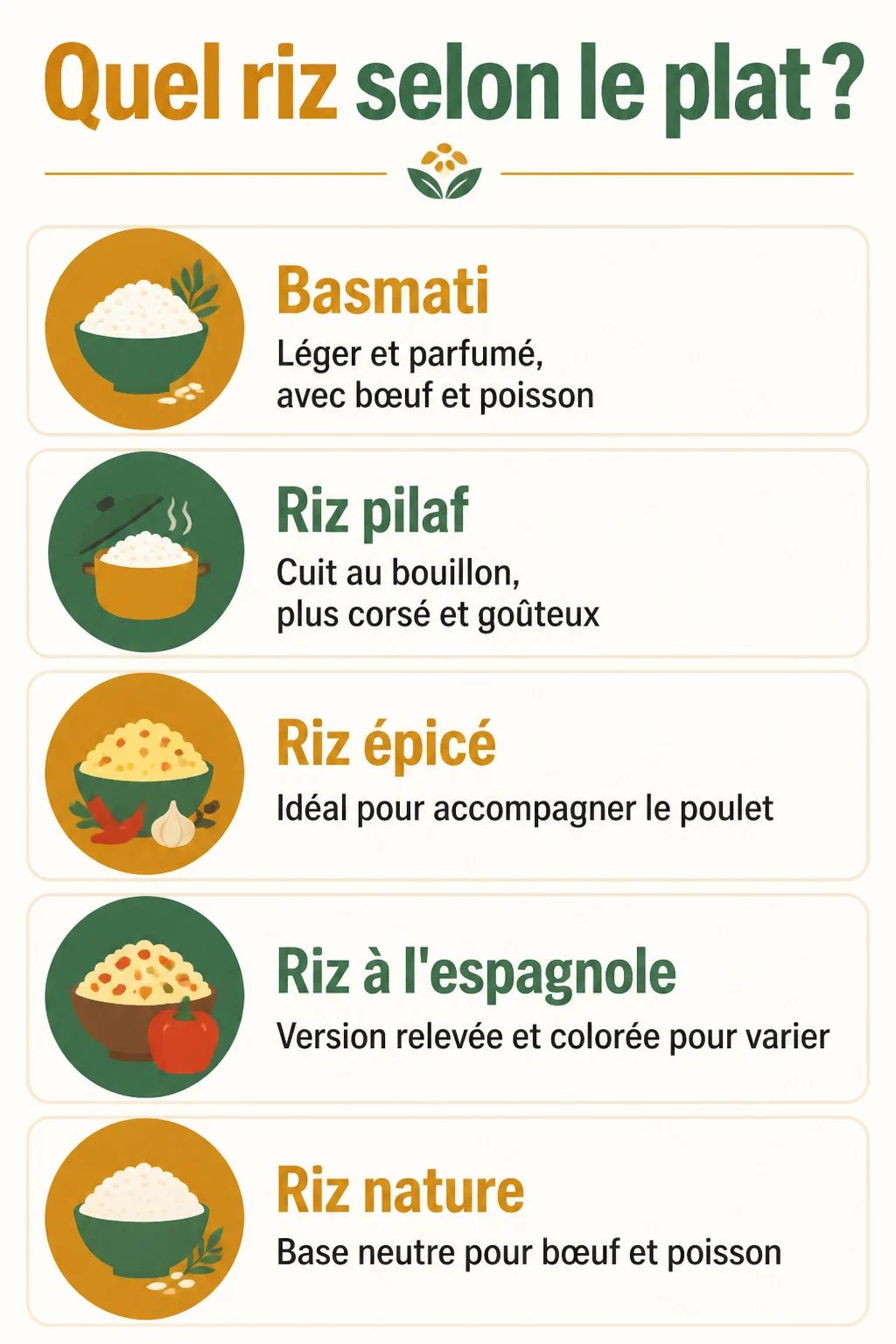 Quel riz selon le plat ? : Basmati, Riz pilaf, Riz épicé, Riz à l'espagnole, Riz nature