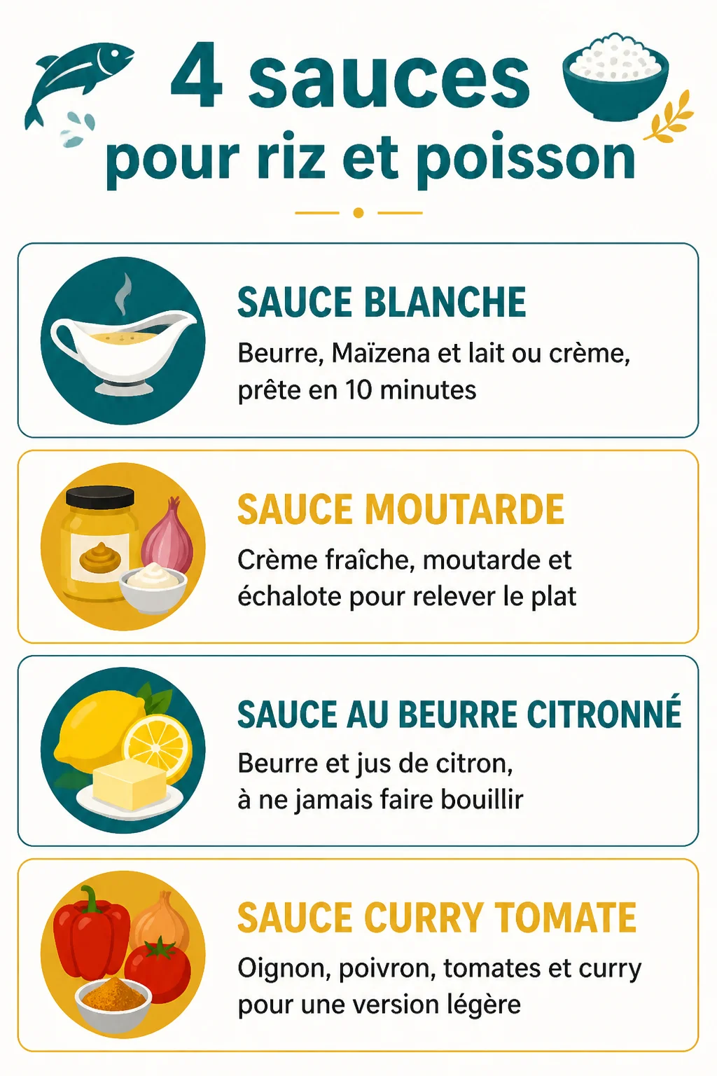 4 sauces pour riz et poisson : Sauce blanche, Sauce moutarde, Sauce au beurre citronné, Sauce curry tomate