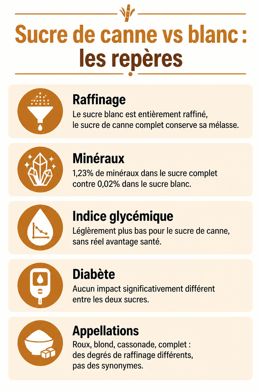 Sucre de canne vs blanc : les repères : Raffinage, Minéraux, Indice glycémique, Diabète, Appellations
